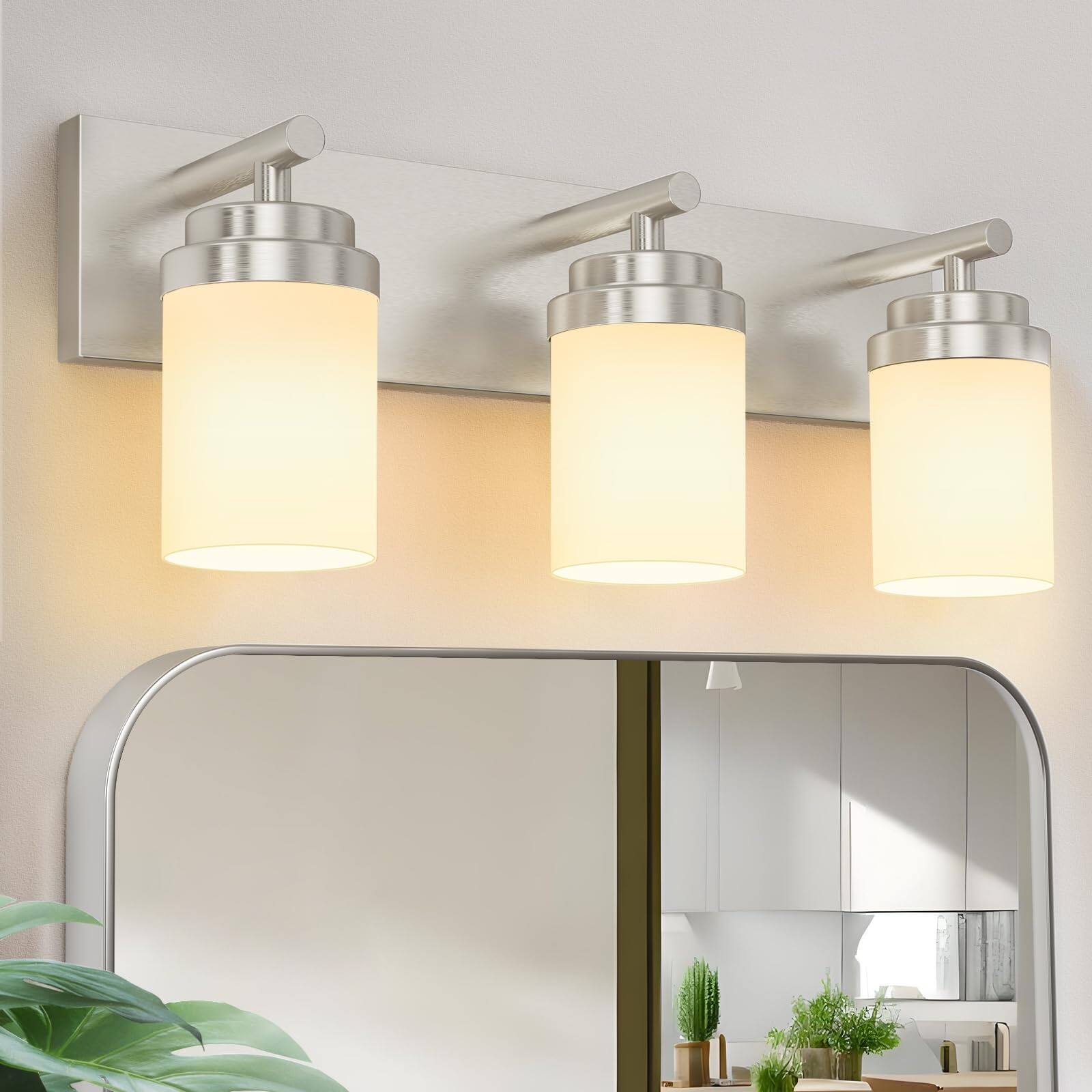 Front. Comfort Essence - Bathroom Vanity Light Fixture Inch Matte Fixtures Over Mirror With Clear Glass Shade Modern Farmhouse Light - Nickel-White Glass Shade 3-Light.