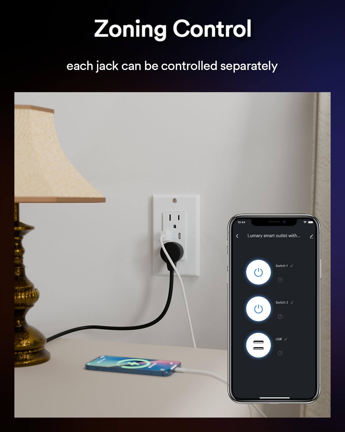 Zoning Control  
each jack can be controlled separately  

10:44  
Lumary smart outlet with...  
Switch 1  
Switch 2  
USB