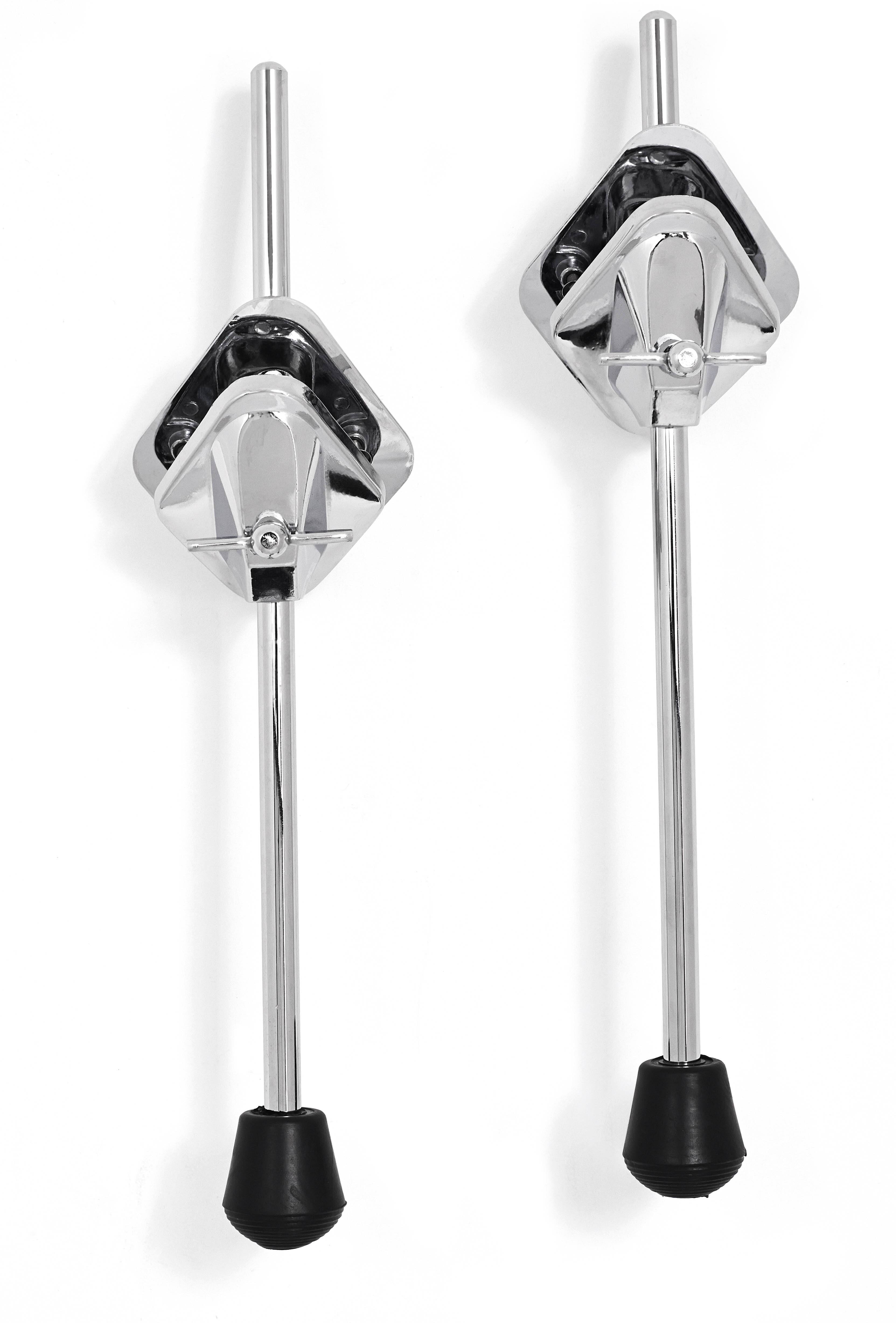 Front. Gibraltar Hardware - Light Weight Bass Drum Spurs Pair, Solid Steel Rods with Rubber Tips, Cast Mounting Brackets, Telescoping Design.