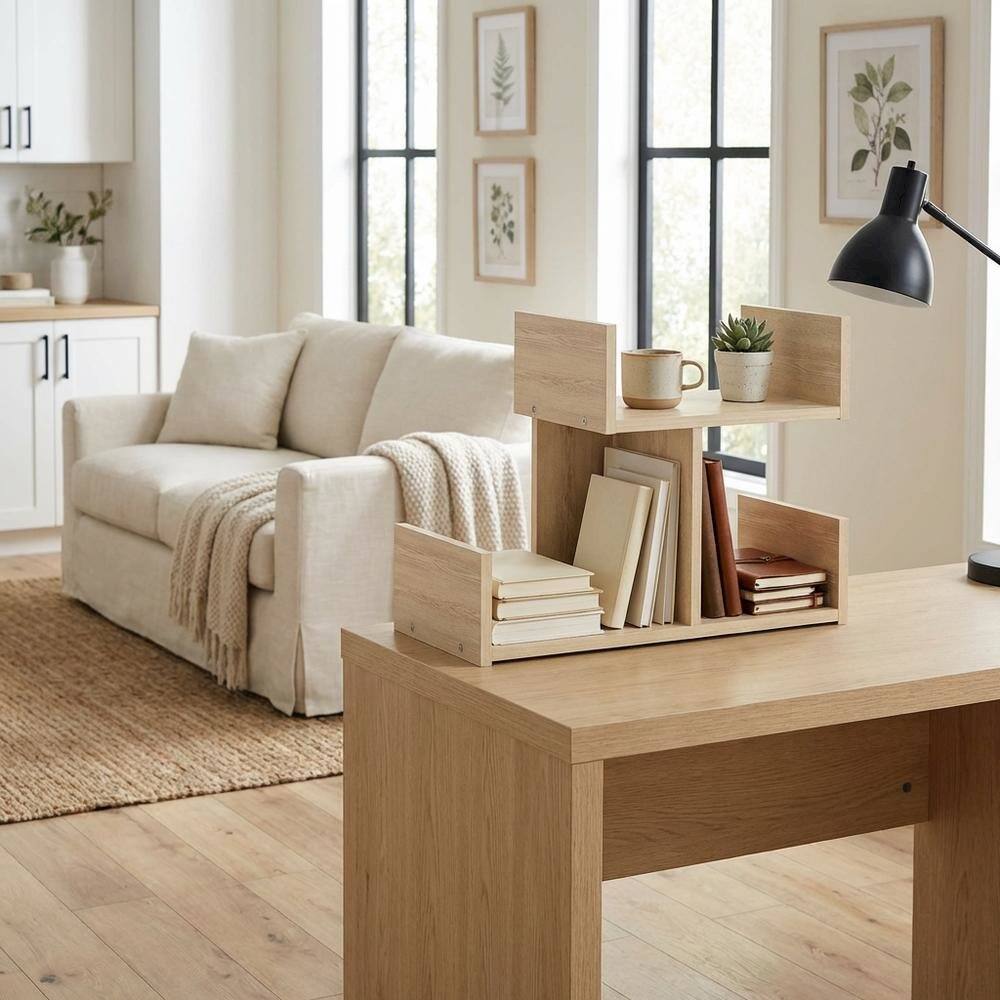 Left. FurniFact - Wooden Desktop Bookshelf Storage Organizer - Bauhaus Oak.
