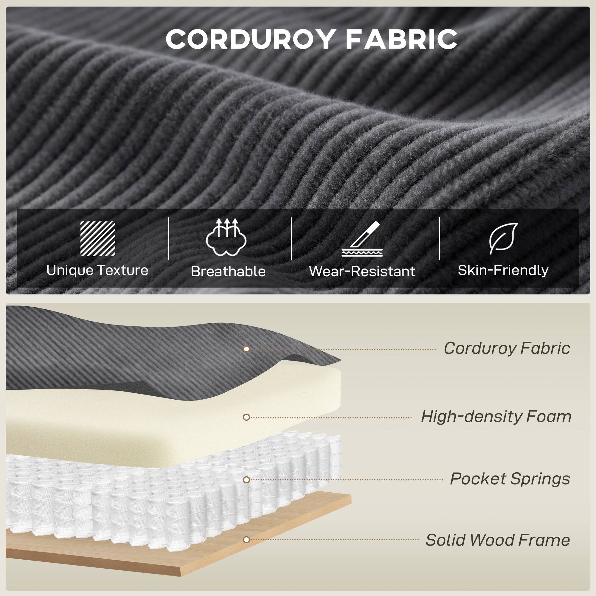 CORDUROY FABRIC

Unique Texture  
Breathable  
Wear-Resistant  
Skin-Friendly  

Corduroy Fabric  
High-density Foam  
Pocket Springs  
Solid Wood Frame