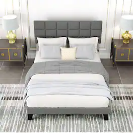 LUCKY ONE - Queen Assembled Linen Bed Frame with Adjustable Headboard Platform Bed Wooden Slats - Gray-Queen