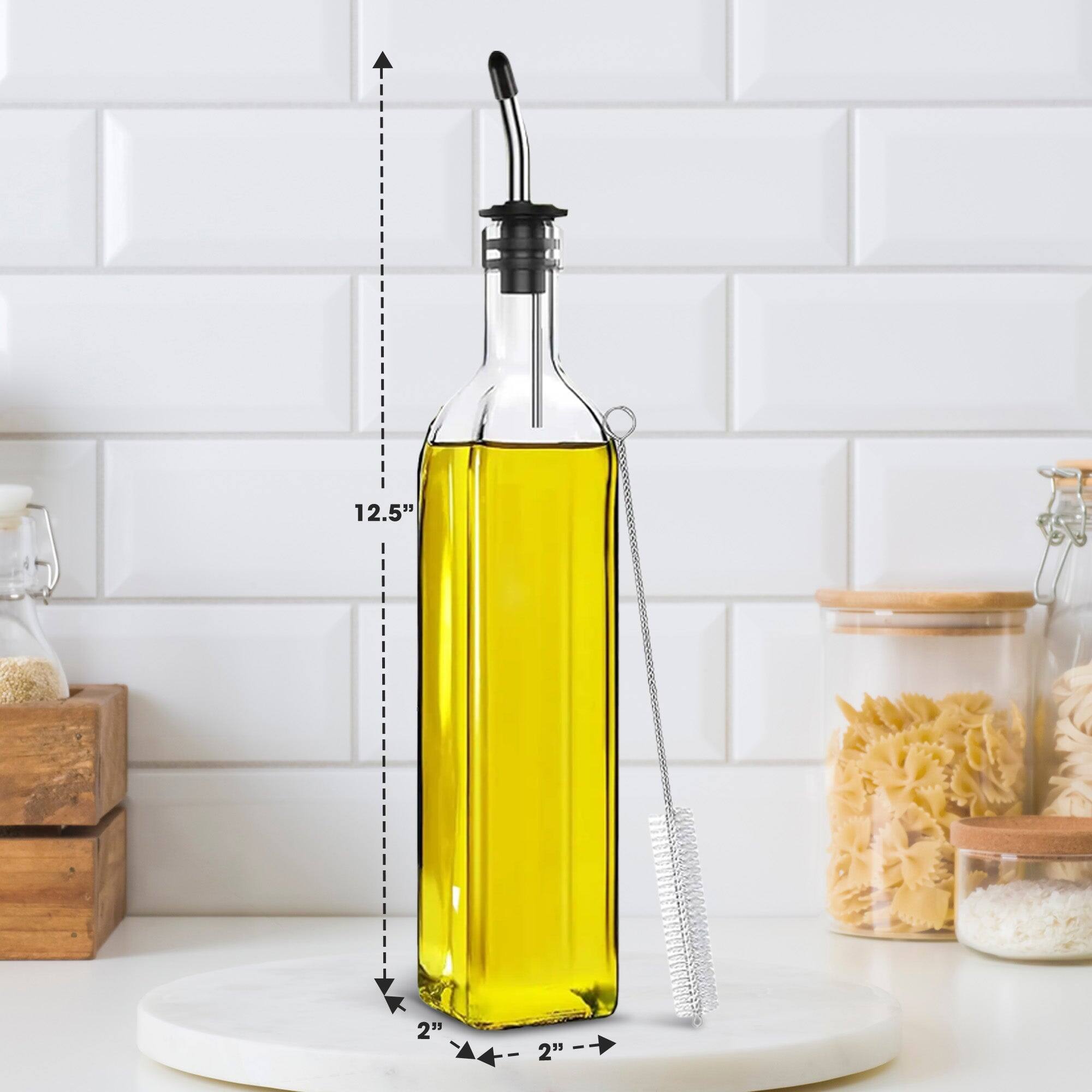 Left. Cheer Collection - 2 Pack Glass Olive Oil Dispenser Set 17oz with Funnel Brush Spouts and Labels - Clear.