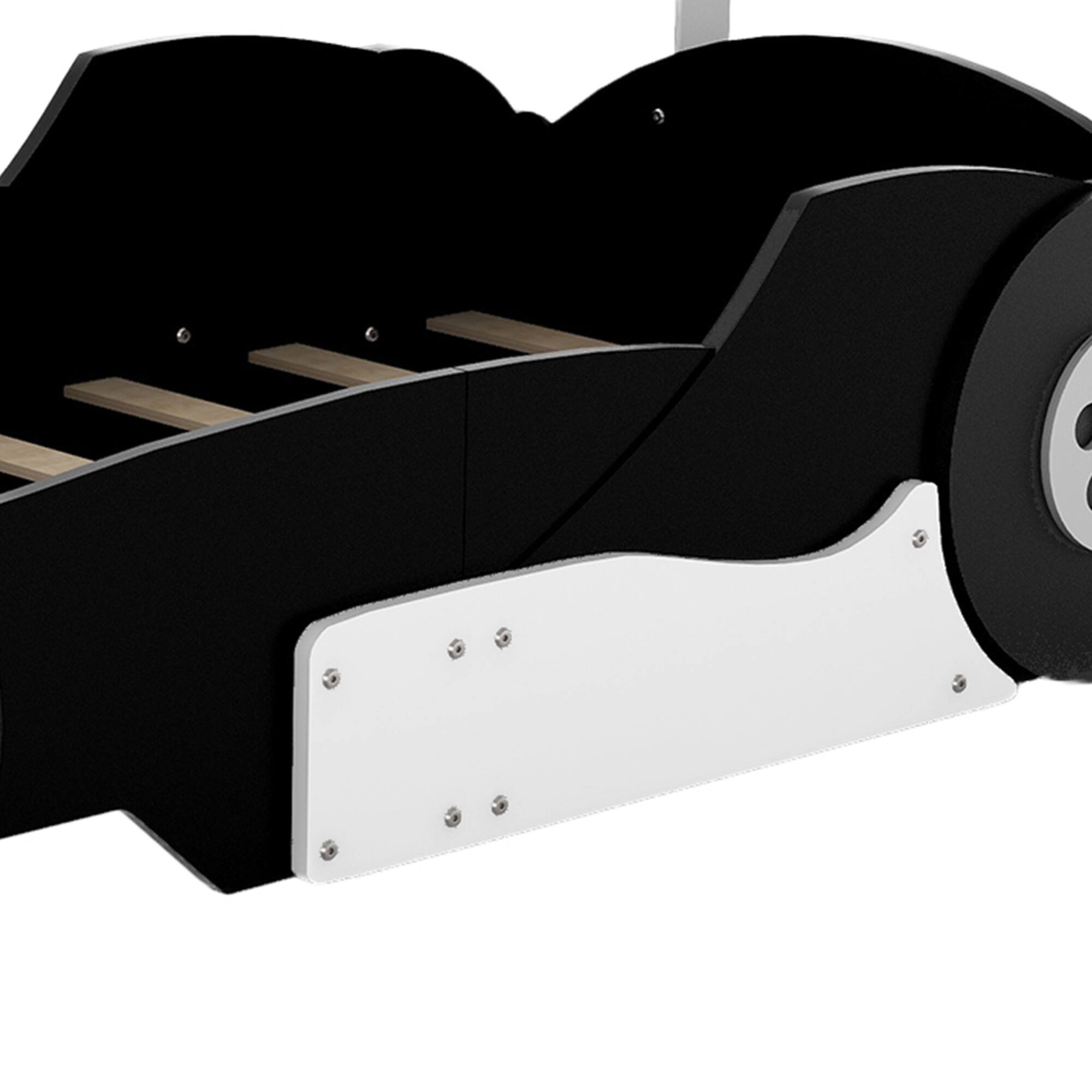 Alt View 7. GOODSILO - Twin Size Youth Race Car Themed Platform Bed with Side Rails and Decorative Wheels - Black.