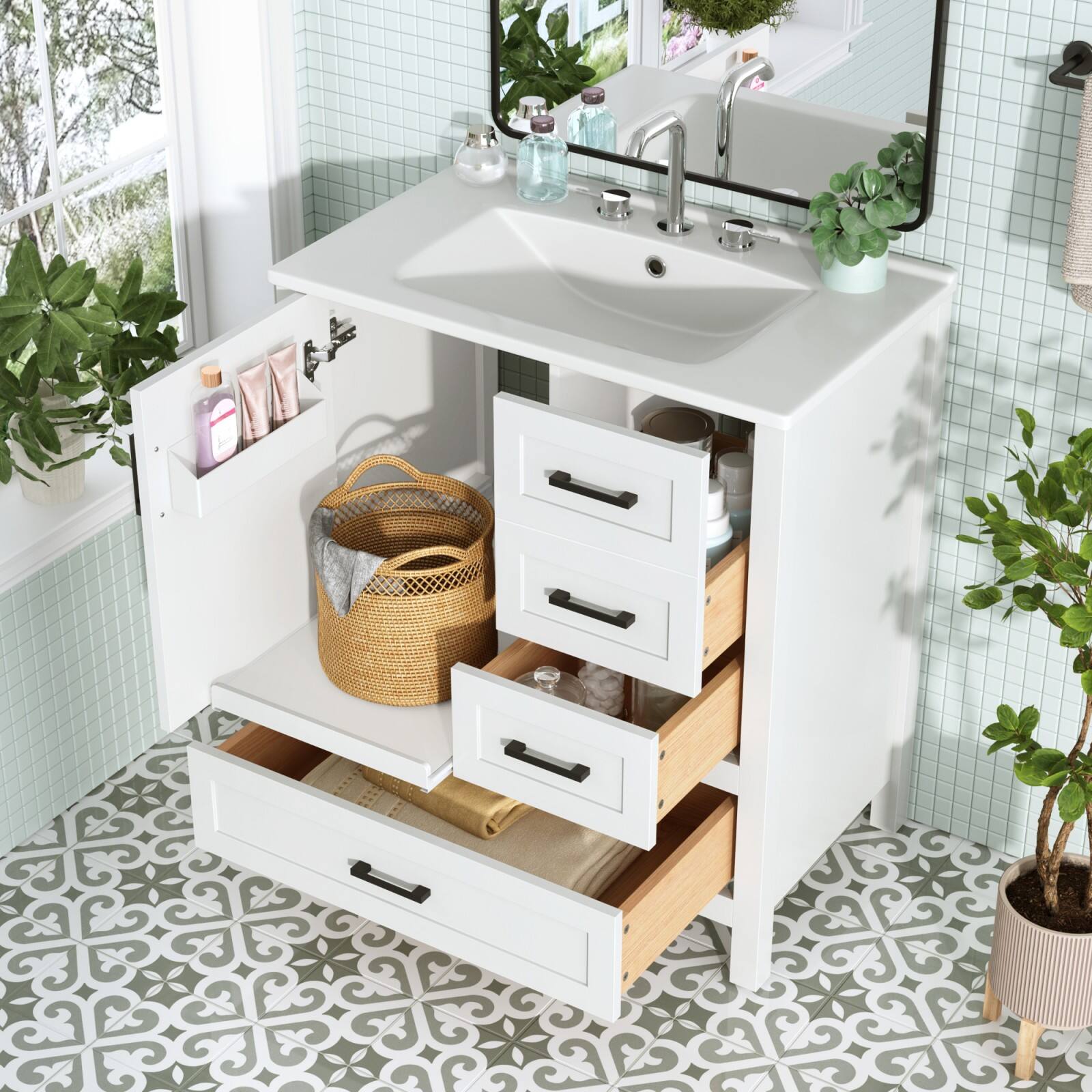 Alt View 1. Glintex - 30 Inch Modern Bathroom Vanity with Ceramic Sink, Drawer, Removable Tray, and Soft-Close Doors - White.