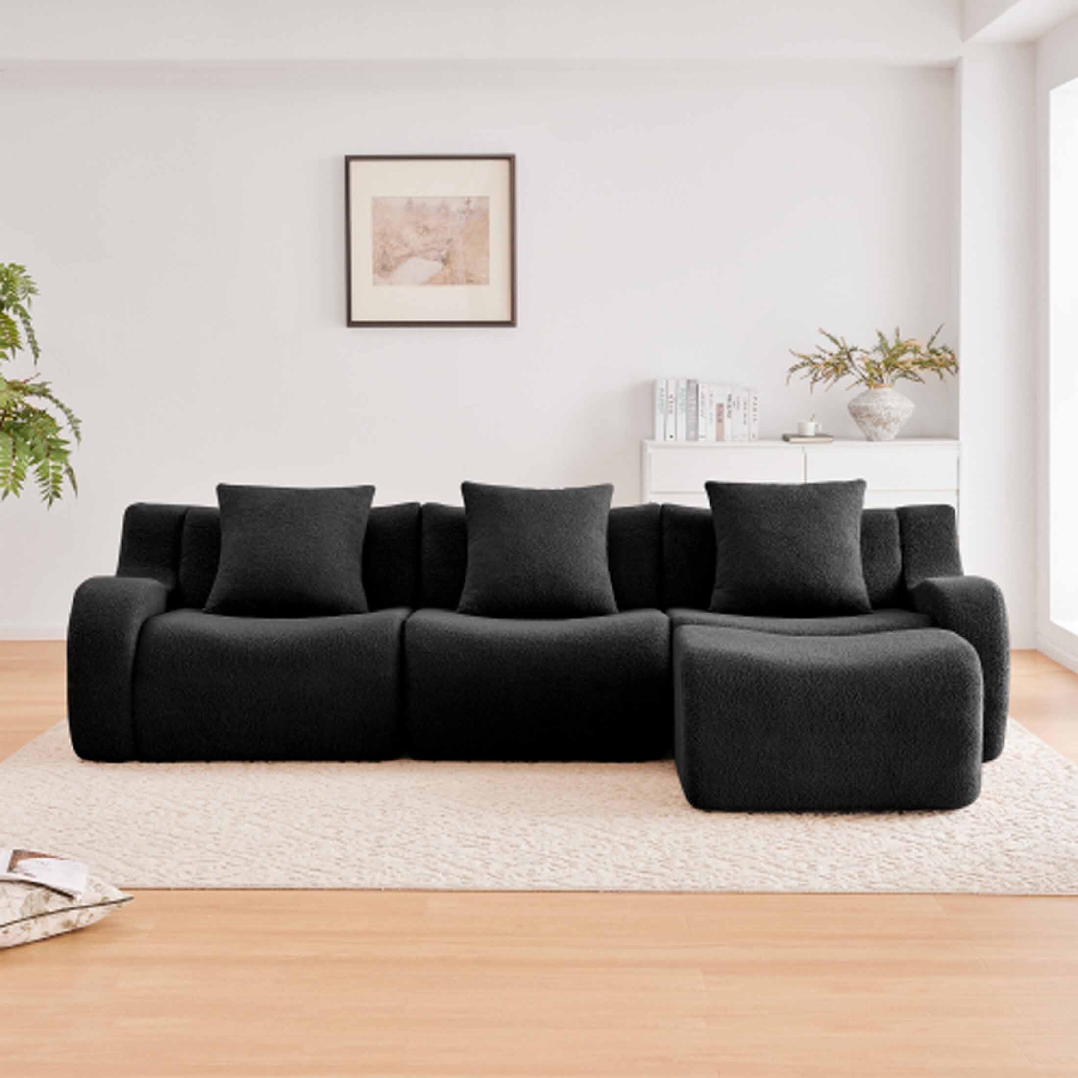 Angle. Aukfa - Modular Teddy Fabric Sofa - 3-Seat Sectional with 1 Ottoman, Soft Boneless Design for Living Room - Black.