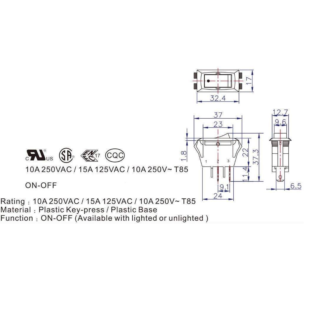 32.4 37 23 12.7 9.6 LR EN 8 SA 17 CQC C US 3 10A 250VAC / 15A 125VAC / 10A 250V- T85 ON-OFF 9.1 24

Rating: 10A 250VAC / 15A 125VAC / 10A 250V~ T85

Material: Plastic Key-press / Plastic Base

Function: ON-OFF (Available with lighted or unlighted)

22 3 37 1 6.5