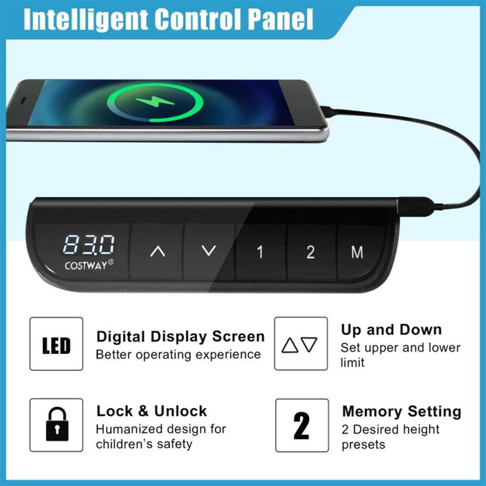 Intelligent Control Panel

- LED Digital Display Screen
  - Better operating experience

- Up and Down
  - Set upper and lower limit

- Lock & Unlock
  - Humanized design for children's safety

- Memory Setting
  - 2 Desired height presets