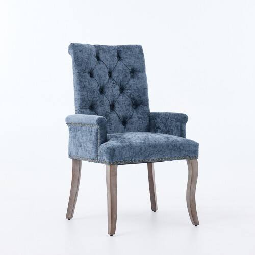 Angle. LUCKY ONE - Assembled Tufted Chenille Arm Dining Chair with Curved Solid Wood Legs Club Style Single - Blue.