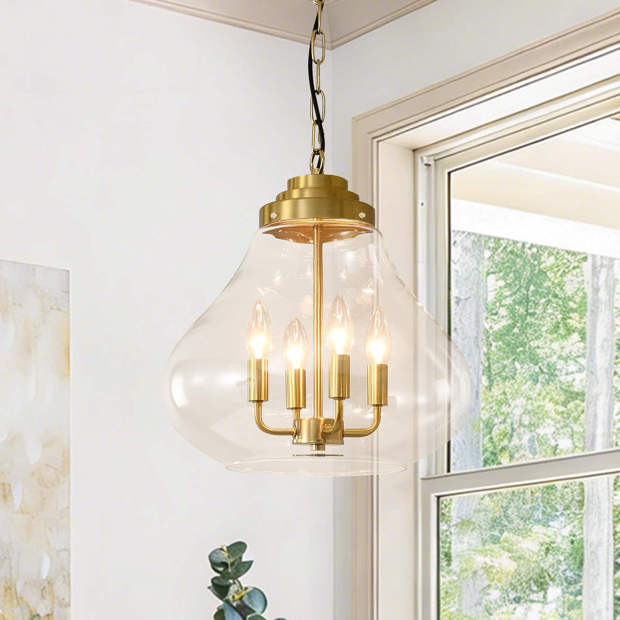 RYHNUYNE - 13.77" Gold Glass Pendant Light - Adjustable Hanging Light Fixture for Kitchen Island, Dining Room, Foyer