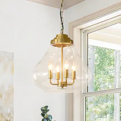 Front. RYHNUYNE - 13.77" Gold Glass Pendant Light - Adjustable Hanging Light Fixture for Kitchen Island, Dining Room, Foyer.