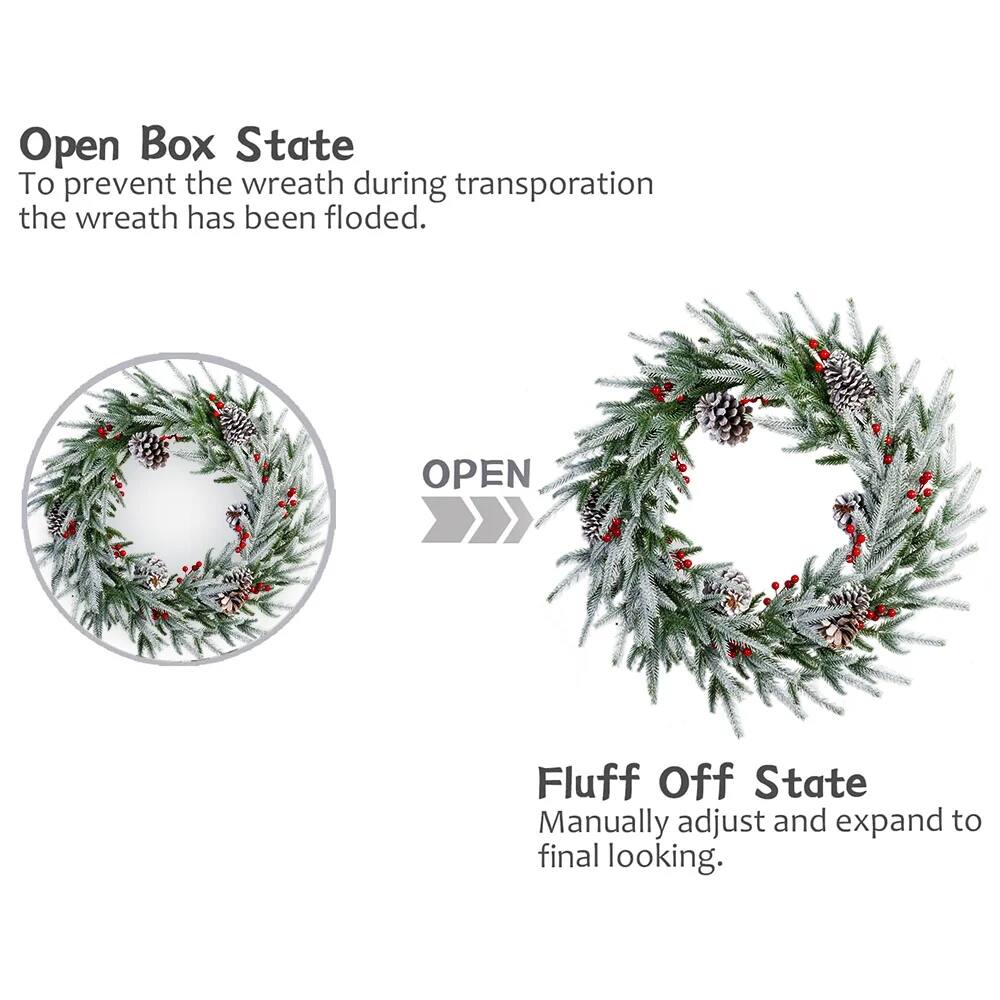 Open Box State  
To prevent the wreath during transportation, the wreath has been floded.  

Fluff Off State  
Manually adjust and expand to final looking.