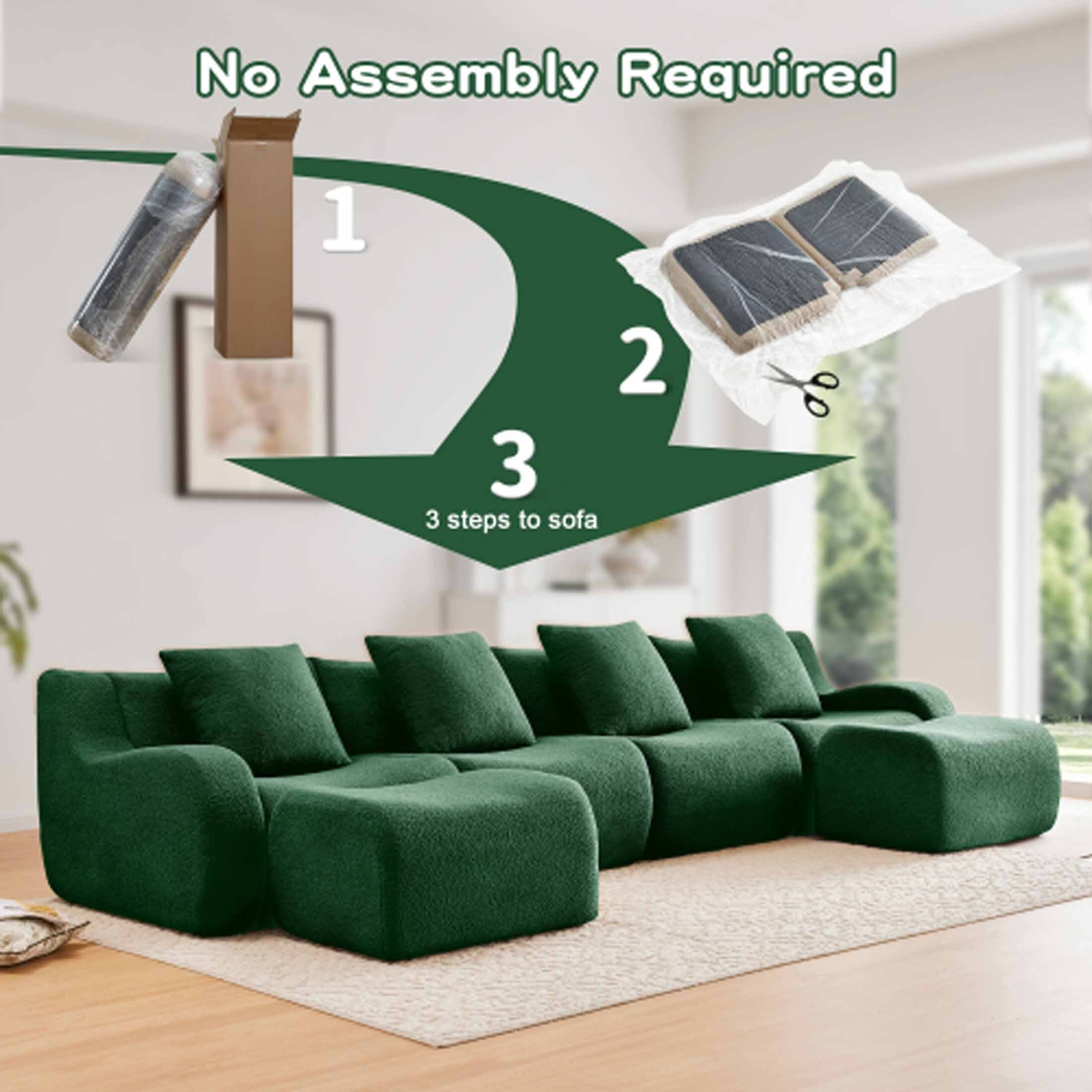 No Assembly Required

1. Unpack the sofa parts.
2. Cut the protective film.
3. Assemble the sofa.

3 steps to sofa