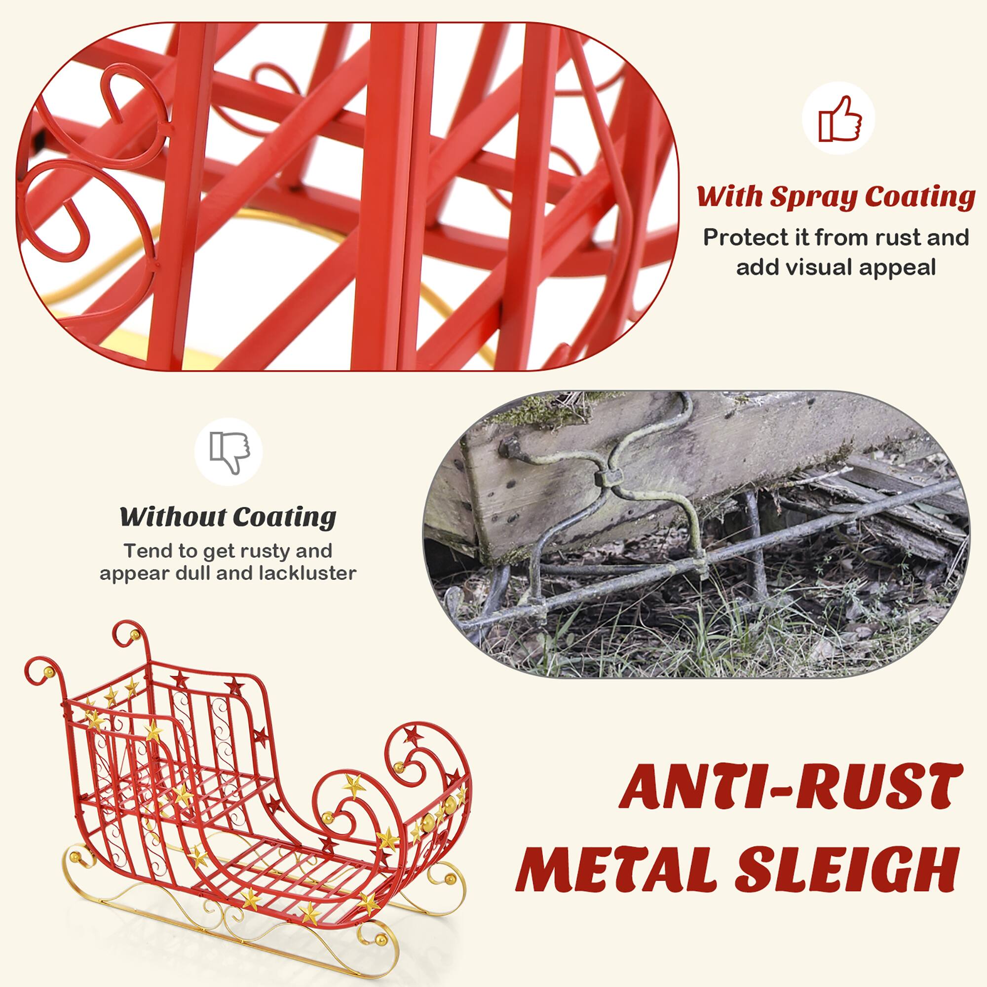 With Spray Coating  
Protect it from rust and add visual appeal  

Without Coating  
Tend to get rusty and appear dull and lackluster  

ANTI-RUST METAL SLEIGH