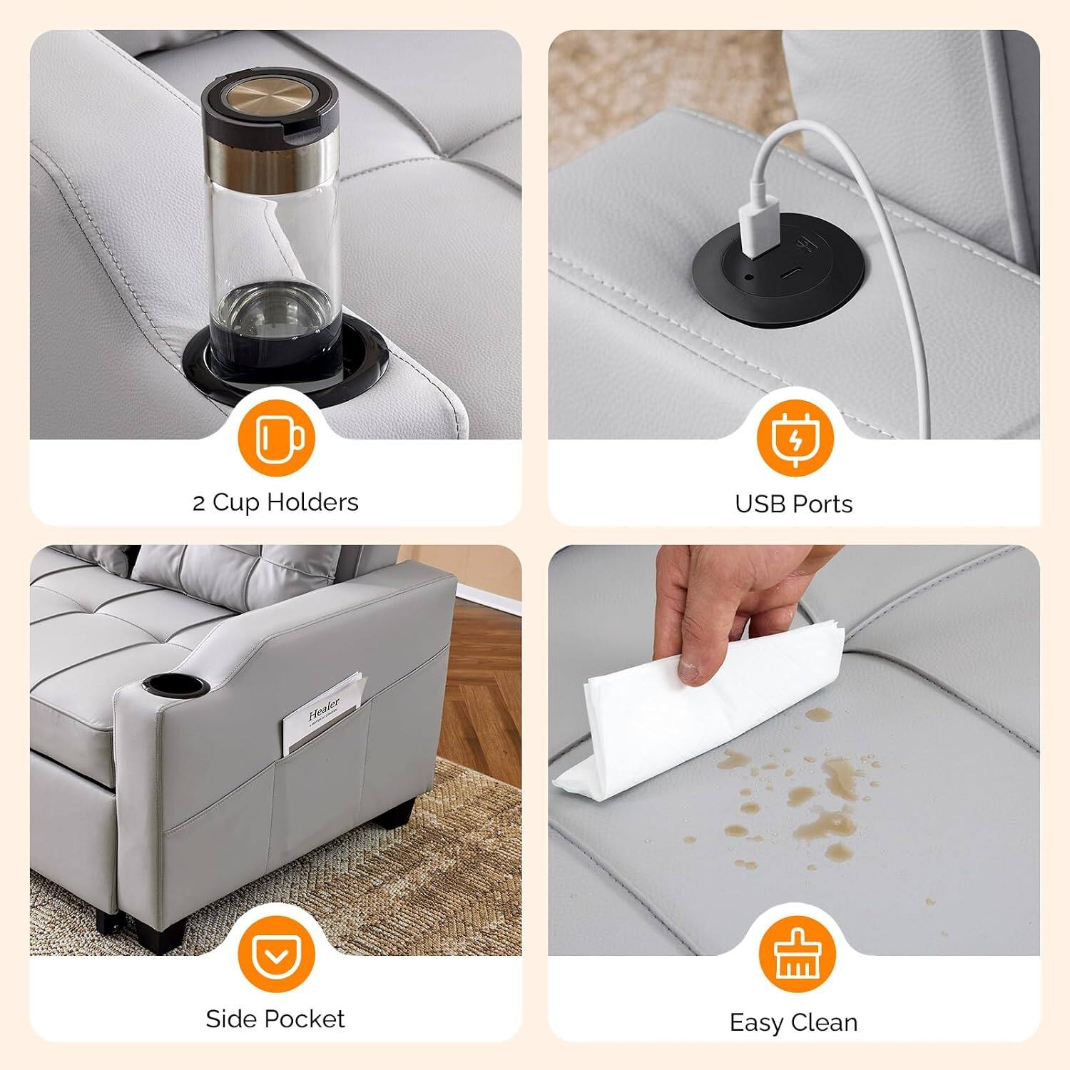 2 Cup Holders  
USB Ports  
Side Pocket  
Easy Clean