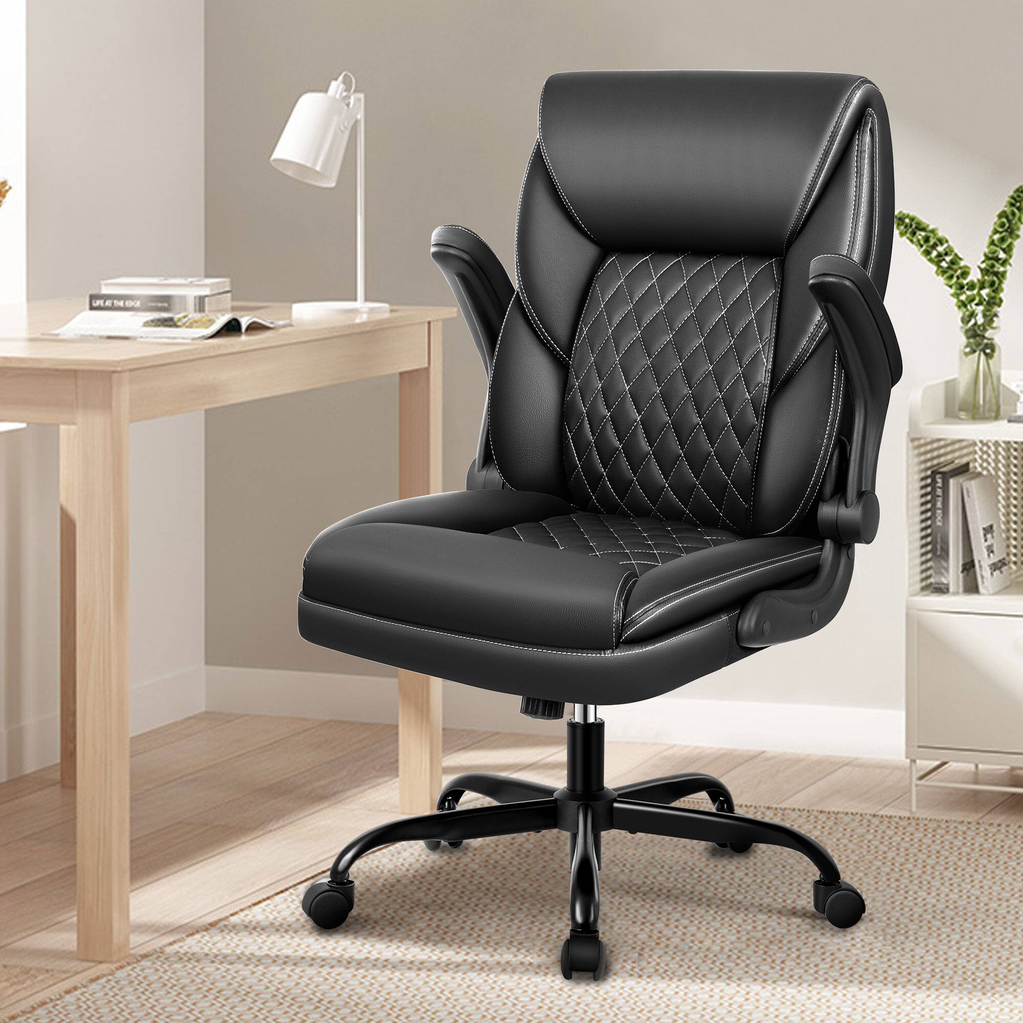 Alt View 4. KERDOM - Home Office PU Leather Desk Chair with Rocking Function, Ergonomic Computer Chair Lumbar Support Swivel Task Chair - Black.