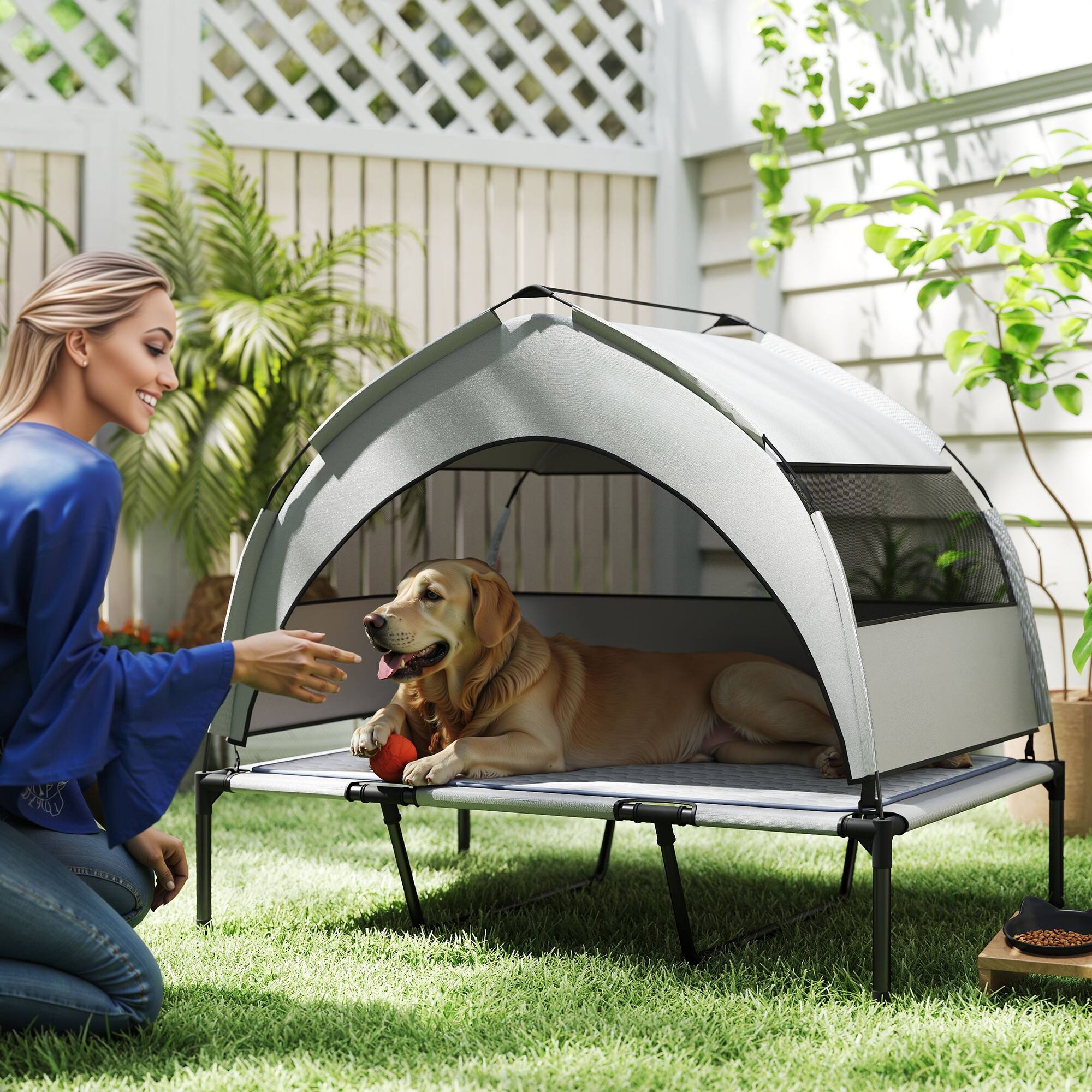Angle. Pawhut - Elevated Bed, Raised Pet Bed with Removable Canopy, Breathable Mesh,  Portable Pet Cot, 36" x 29.5" x 35" - Light Gray.