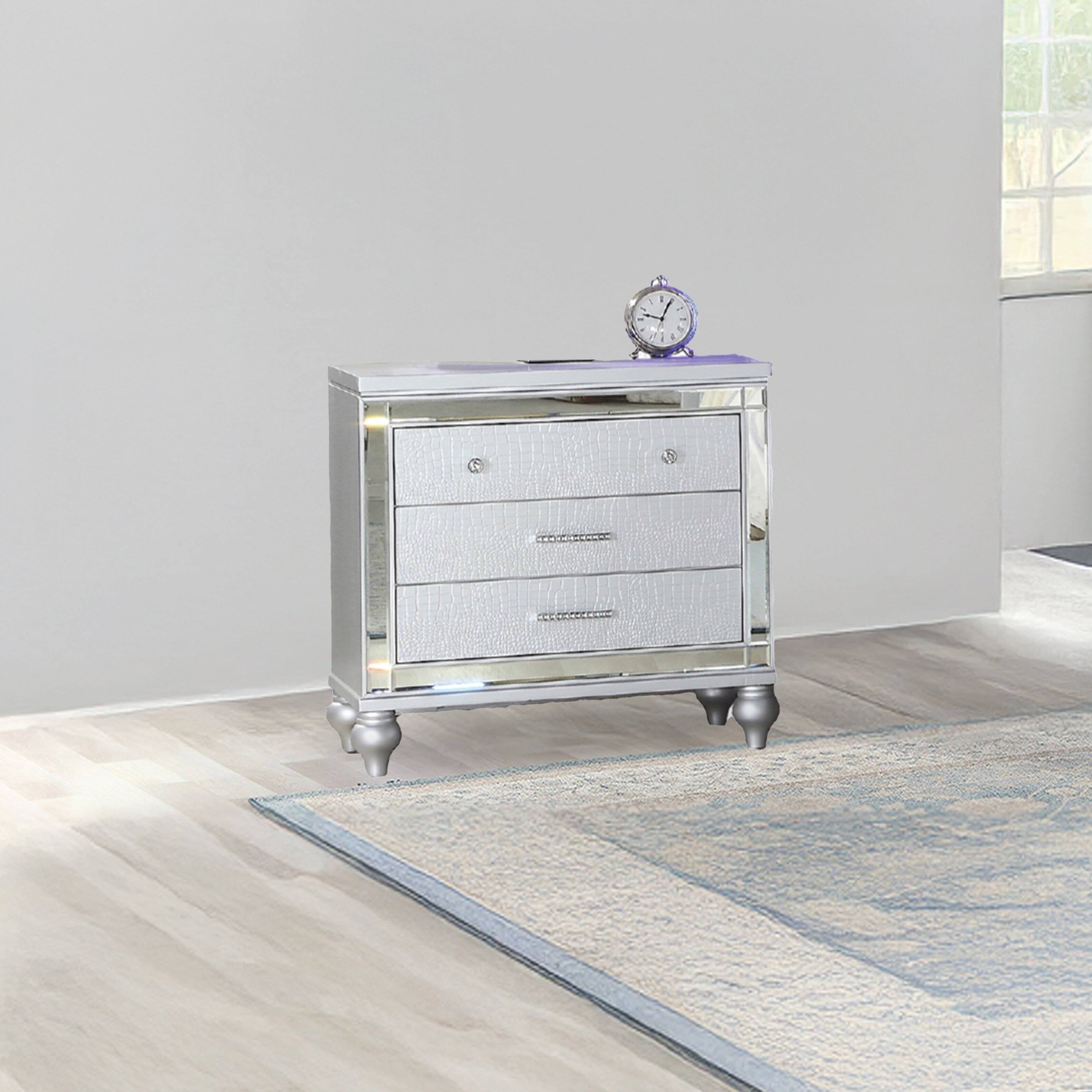 Front. Tiramisubest - Silver Modern Style Mirror Framed 3-Drawer Nightstand with Wood - Silver.