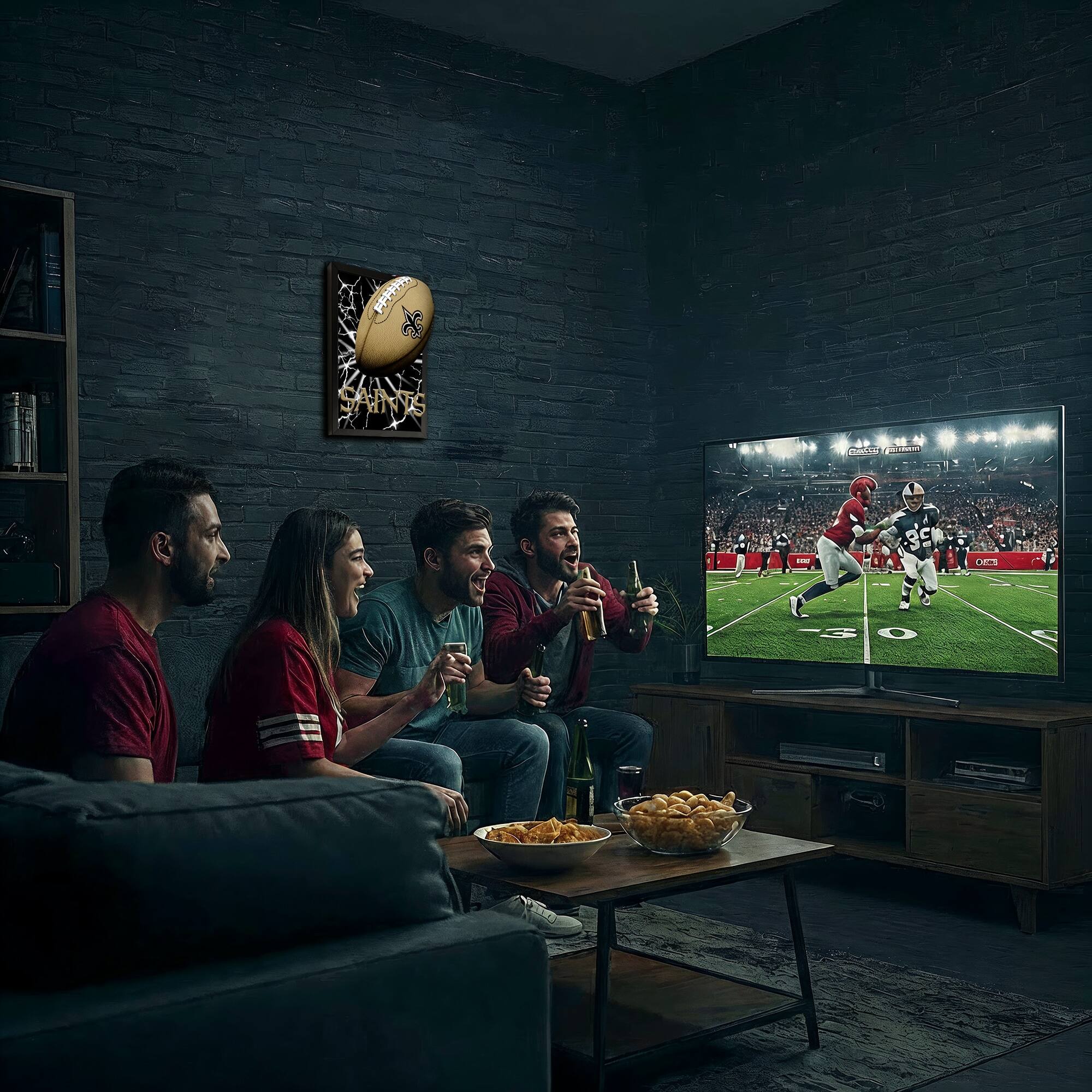 The text in the image is:

- "SAINTS" (on the framed football)
- "COWBOYS" (on the TV screen)
- "ATLANTA" (on the TV screen)