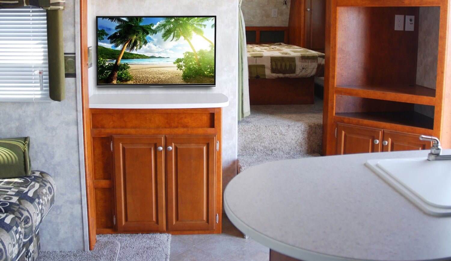 Left. Mount-It! - Lockable Camper TV Wall Mount with Detachable Bracket for 23–42" Screens, Full Motion, 77 lb Capacity - Black.