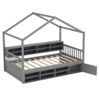 Costway Twin Size House Bed Wooden Platform Bed Frame with Roof & 14 Storage Cubes - Gray - Front_Zoom
