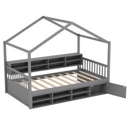 Costway - Twin Size House Bed Wooden Platform Bed Frame with Roof & 14 Storage Cubes - Gray