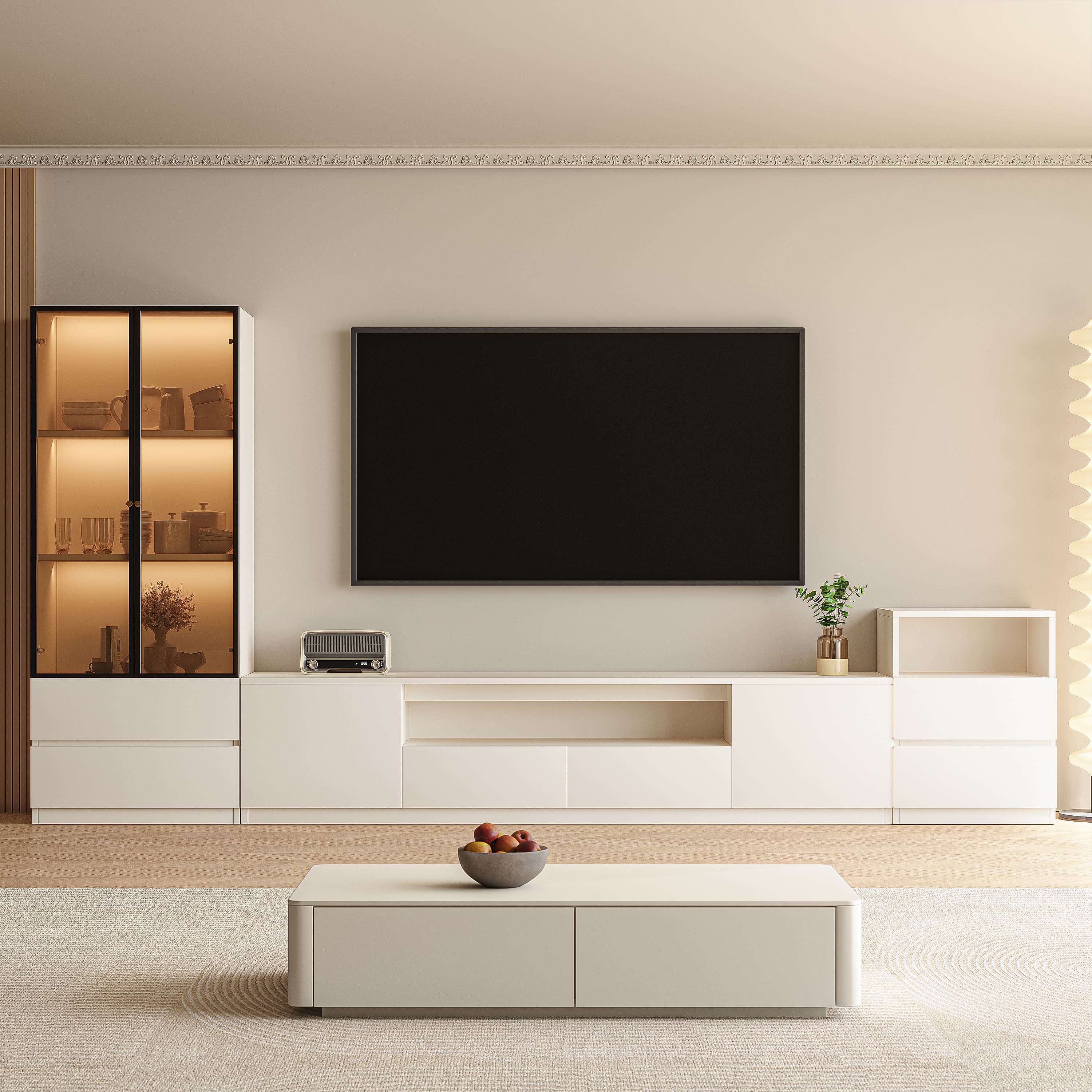 MSOOB - 3 Pieces Entertainment Center Set Includes TV Stands, Lighted Glass Display Cabinet And Drawers Cabinet - White