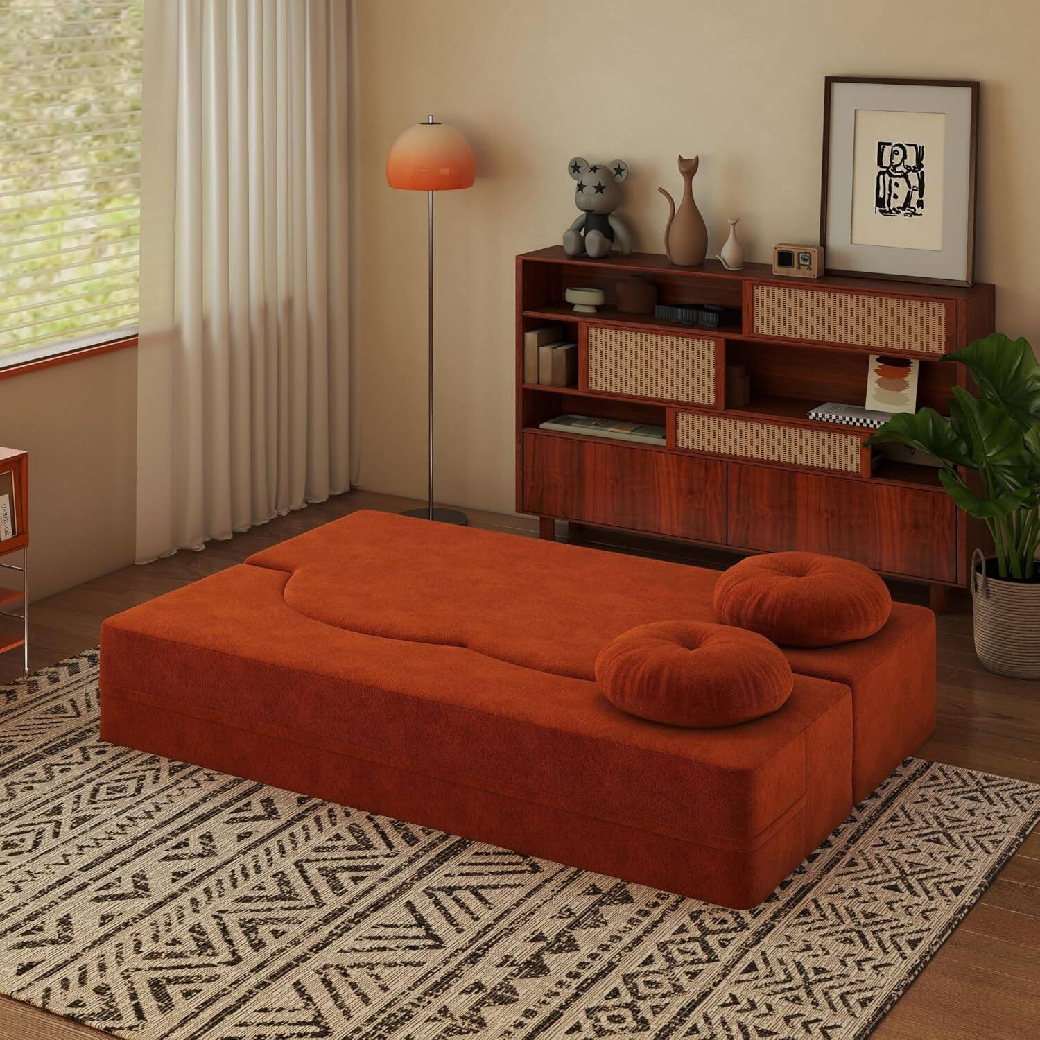Alt View 5. Trinkets Crazed - 2-in-1 Folding Sofa Bed, Convertible Floor Couch with Full Size Folding Mattres - orange.
