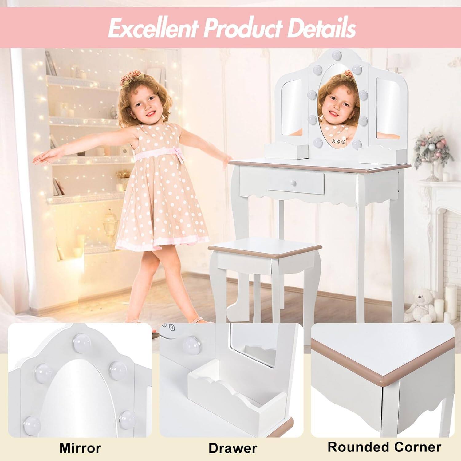 Alt View 5. Acekool - Kids Vanity Table & Stool (3-9 Yrs Girls) - Lighted Tri-Fold Mirror, Drawer & Storage Grid for Kids Makeup - White.