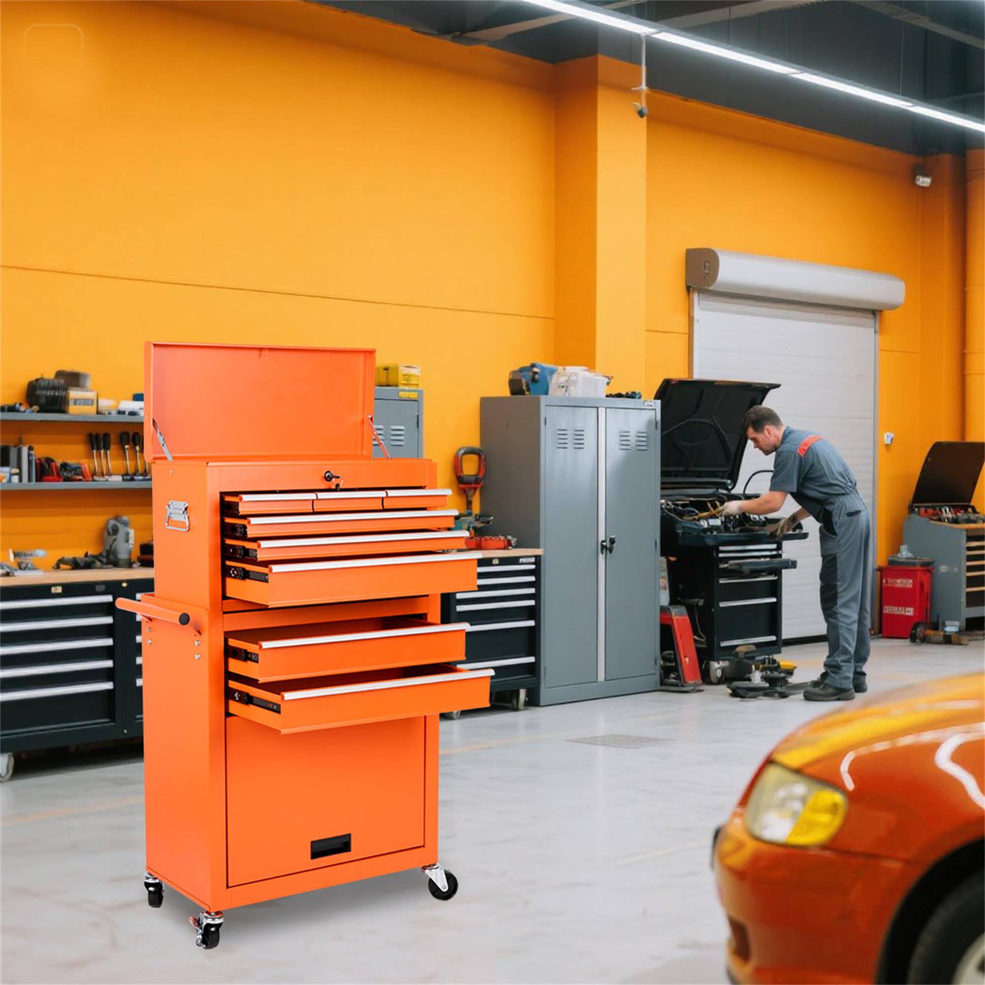 Alt View 7. Boyel Living - Orange Tool Chest, 8-Drawer Rolling Tool Storage Cabinet with 2 in 1 Detachable Top Tool Box.