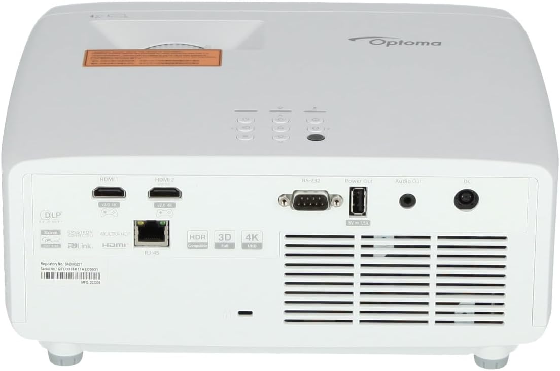 Optoma  
HDML HDMI R5-232  
Power Out Audio Out DC  
DLP v26 IK 2.6 SV 1.SA  
Extren CRESTRON AXULTRA  
CONFECTEU  
PLink HOMI RJ:45  
HDR  
Companie 3D Full 4K UHD  
Regulatory NO  
DAZ52ST  
Serial No Q7L0336K11AEC0031  
MFQ-202208  

HDMI1  
HDMI2  
RS-232  
Power Out  
Audio Out  
DC  
DLP  
HDR  
3D  
4K  
SV 1.5A  
Regulatory No. 0240337  
Serial No. Q7L0336K11AEC0031  
MFQ 02208