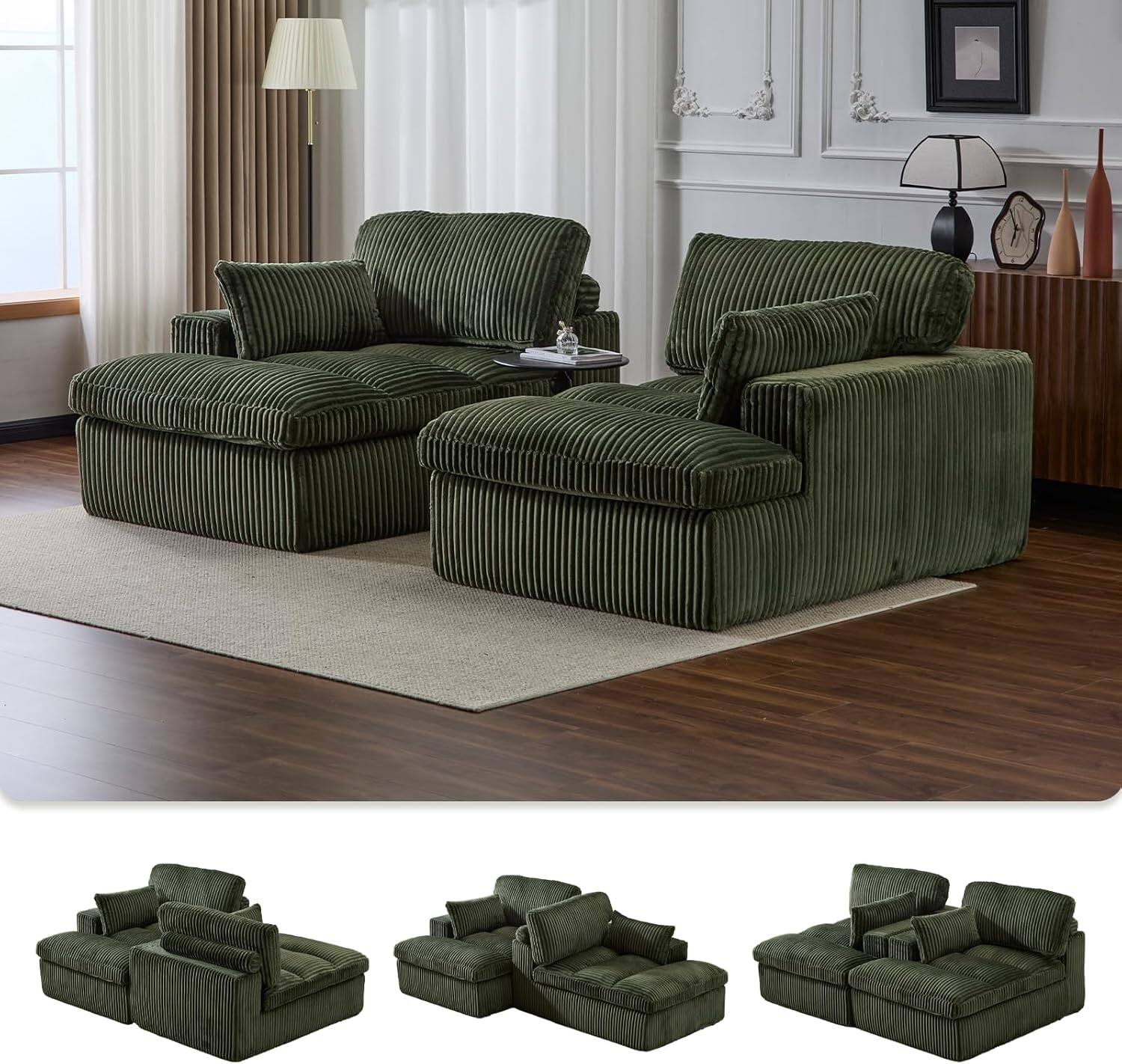 Alt View 2. Trinkets Crazed - Modular Loveseat Double Chaise Lounge Sofa Corduroy Sectional Sofa Boneless Couch - green.