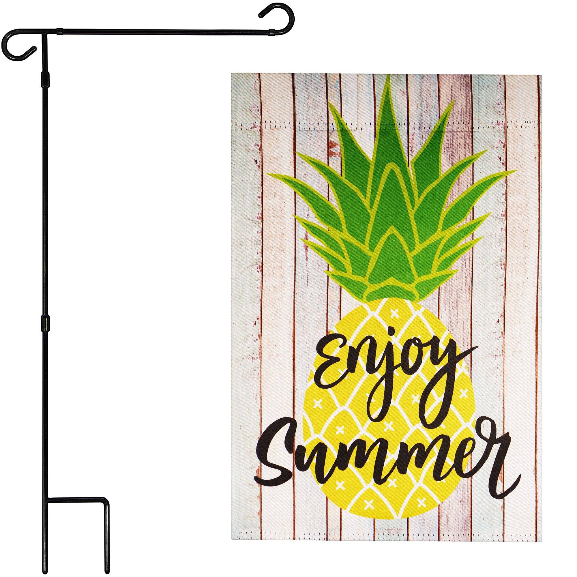 G128 - 36 x 16 in Garden Flag Stand with 12x18 in Double-Sided Blockout Flag — Enjoy Summer Pineapple - Assorted Colors