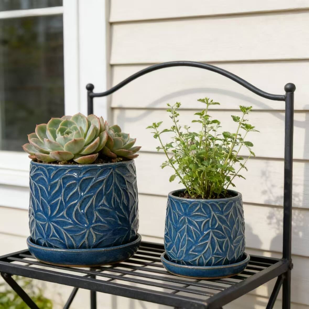 Alt View 1. Loheer - Ceramic Planter Set Loheer Handmade Blue Plant Pots with Saucers, Leaf Pattern, 6in and 8in for Succulents Herbs.