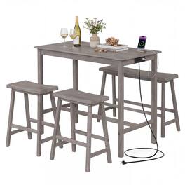Costway - 4 PCS Counter Height Dining Table Set with Power Outlet Saddle Backless Bench Stools - Gray