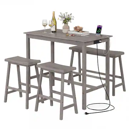 Front. Costway - Costway 4 PCS Counter Height Dining Table Set with Power Outlet Saddle Backless Bench Stools - Gray.