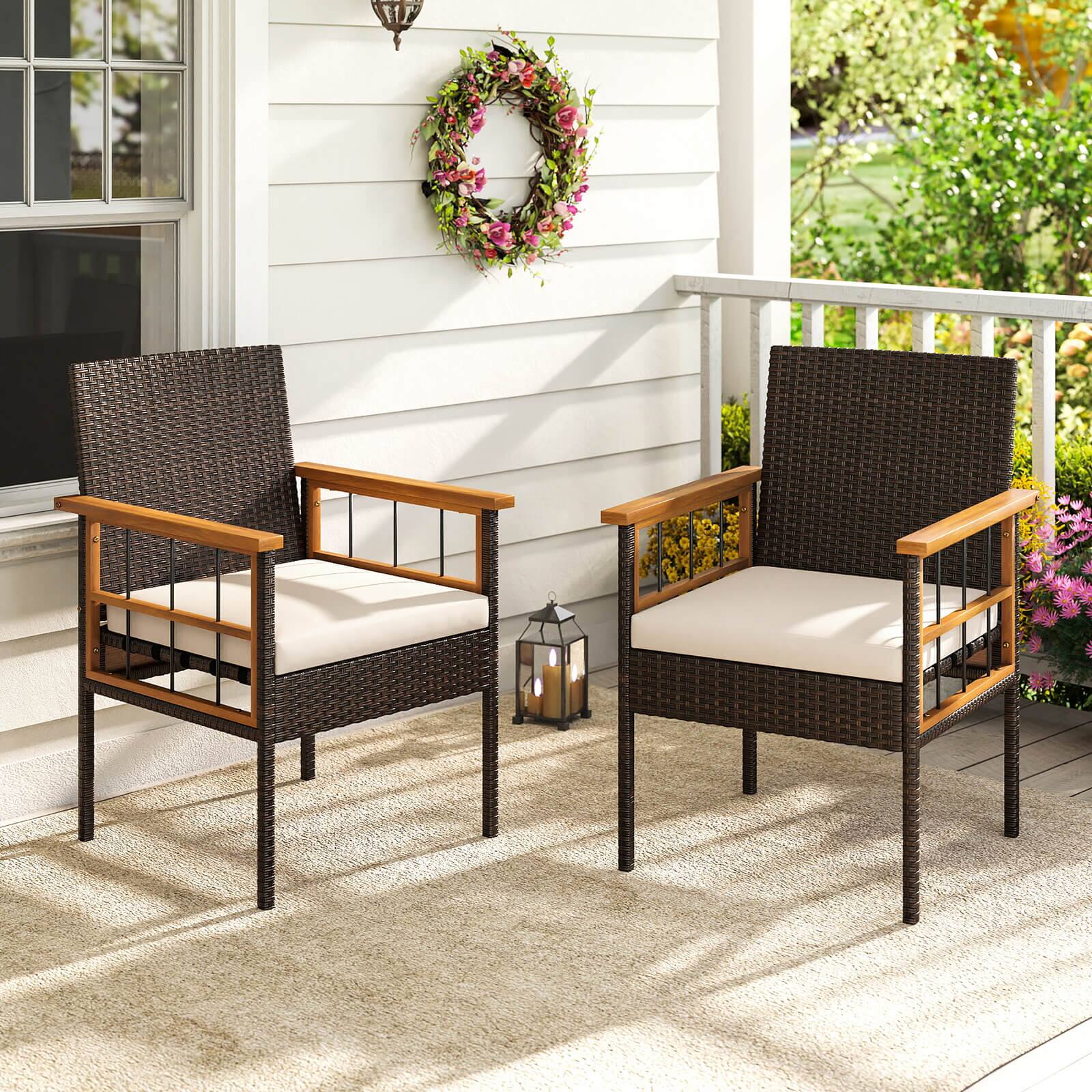 Alt View 1. Costway - Costway 2PCS Patio Dining Chairs with Removable Padded Cushion, Acacia Wood Armrests - Natural,Mix Brown.