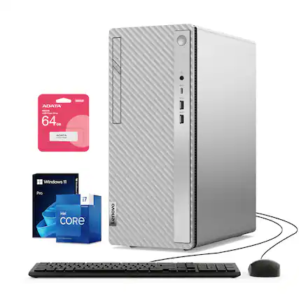 A Lenovo desktop computer with Windows 11 Pro, Intel Core i7, and an ADATA 64 GB USB flash drive.
