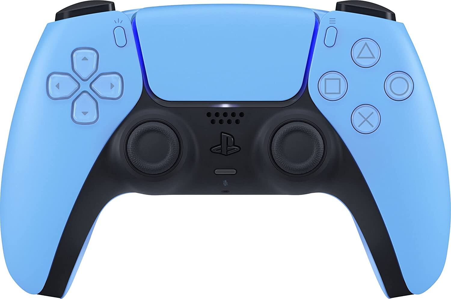 Left. Sony - Sony Playstation 5 Slim Disc with Extra Starlight Blue Controller, Gamer Starter Kit and MightySkins Decal Voucher + 1 - Starlight Blue.