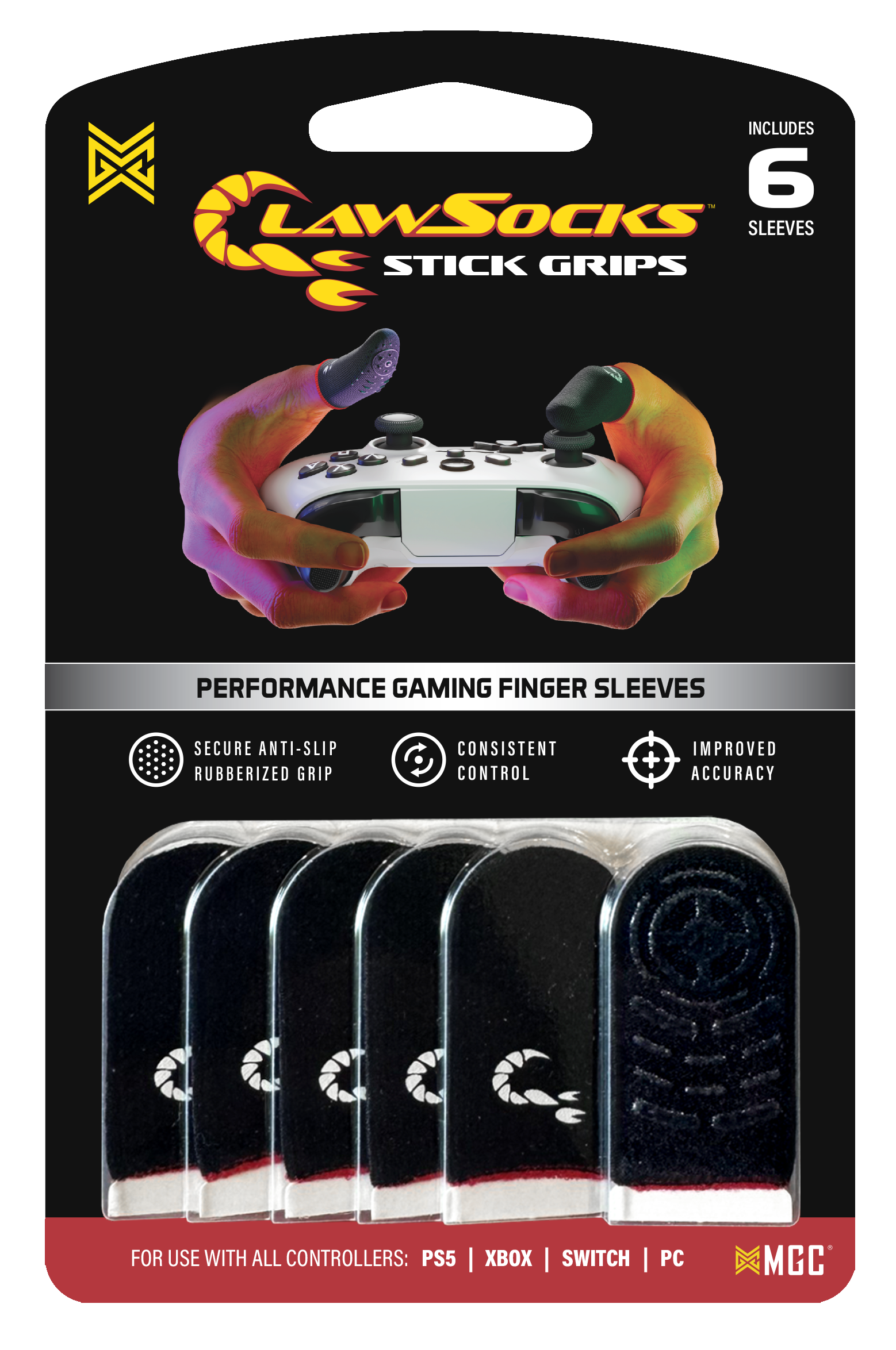 The text on the image reads: "Includes 6 Lawsocks Stick Grips Performance Gaming Finger Sleeves Secure Anti-Slip Rubberized Grip Consistent Control + Improved Accuracy For Use With All Controllers: PS5 | XBOX | SWITCH | PC MGC."