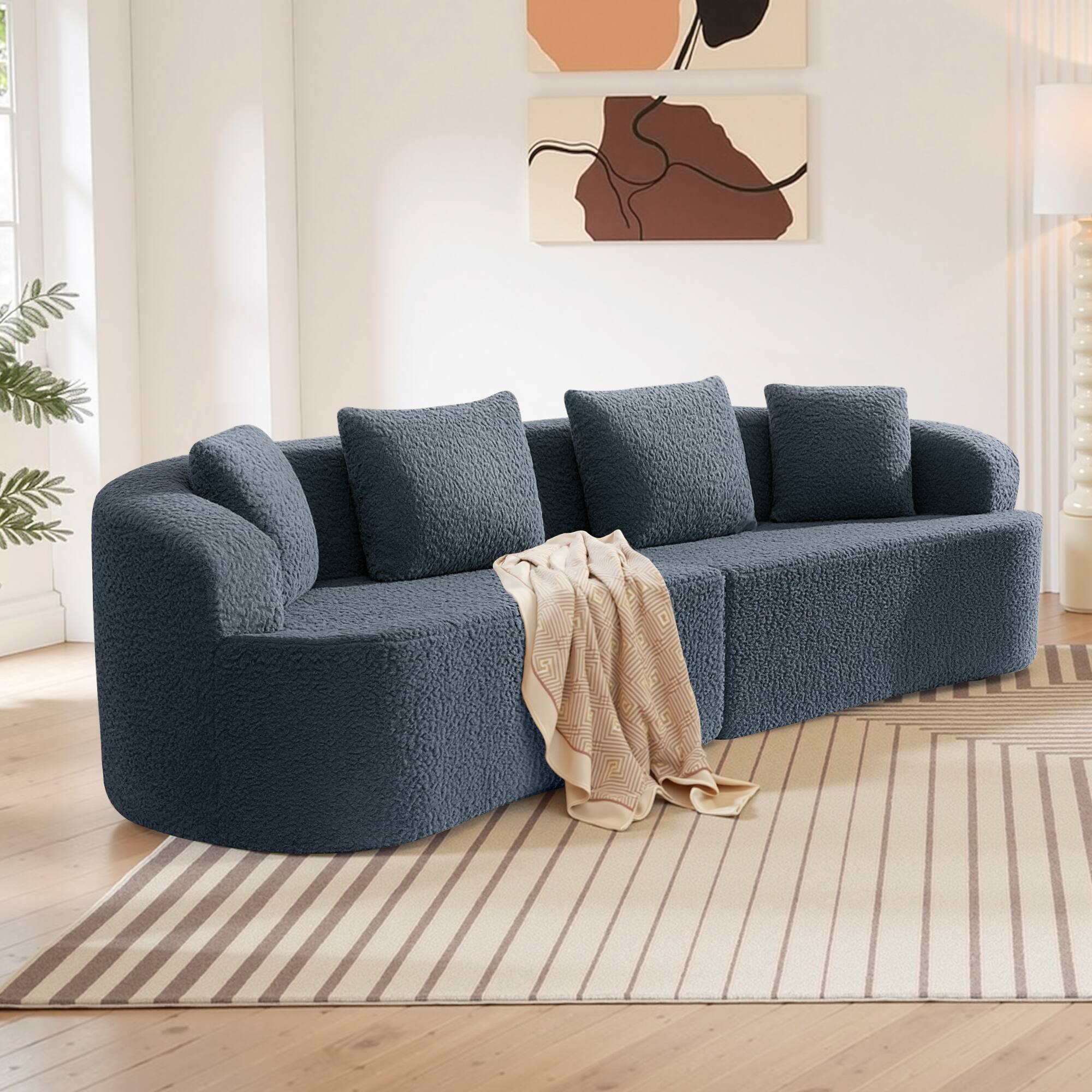 Alt View 1. Brick Attic - 113 Wide Boucle Upholstered Curved Sofa with 4 Pillows,High Denslysponge  Half Moon Living Room Sofa - Navy.