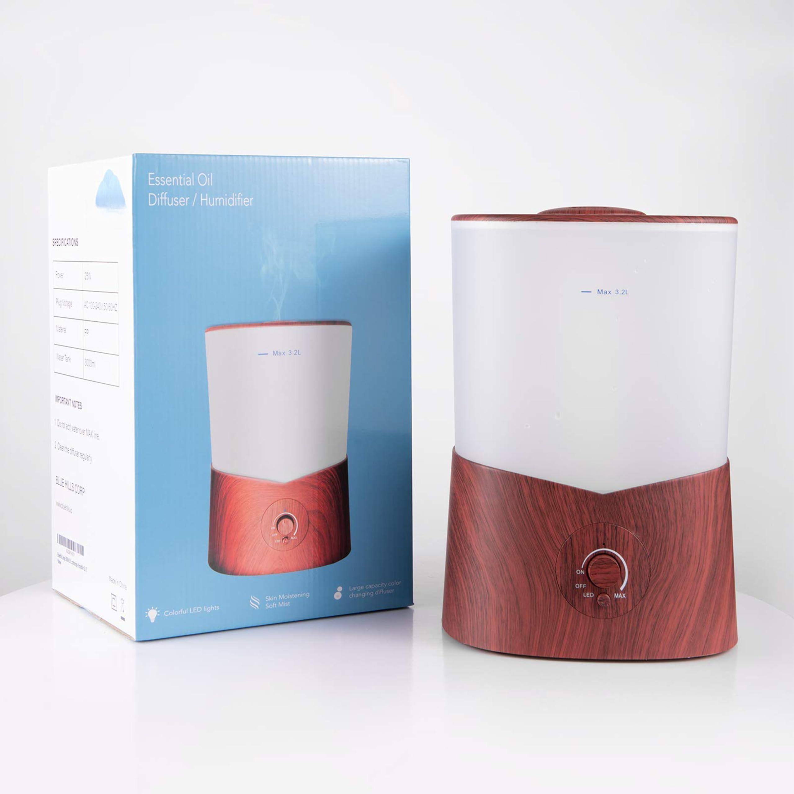 Essential Oil Diffuser / Humidifier

Specifications:
- Power: 20W
- Input: 100-240V~50/60Hz
- Tank: 3.2L
- Timer: 25h
- Water Level: 3000mL

Features:
- Colorful LED Lights
- Silent Operation
- Large Capacity
- Charging Indicator

Instructions:
1. Fill the tank with water.
2. Add essential oil to the tank.

Max 3.2L

Colorful LED Lights
Silent Operation
Large Capacity
Charging Indicator