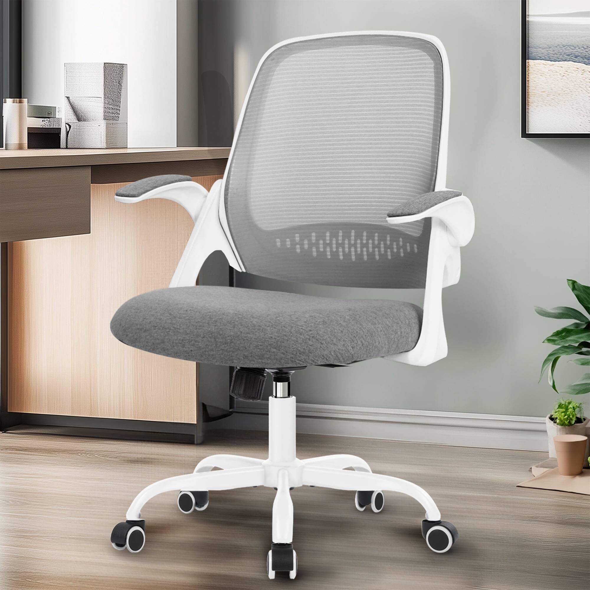 Left. Neo Chair - Ergonomic Office Chair, Mesh Back with Flip-Up Arms, Comfy Lumbar Support, Adjustable Height & Rolling Wheels - Steel Base-Gray.