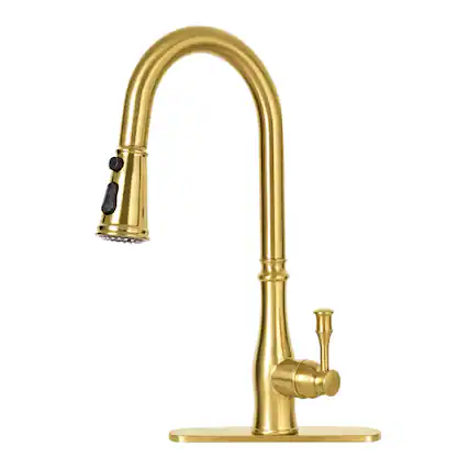 Front. Akicon - Akicon Single Handle 3-Function Spring Stainless Steel Kitchen Faucet with Pull Down Sprayer in Brushed Gold - Brushed Gold.
