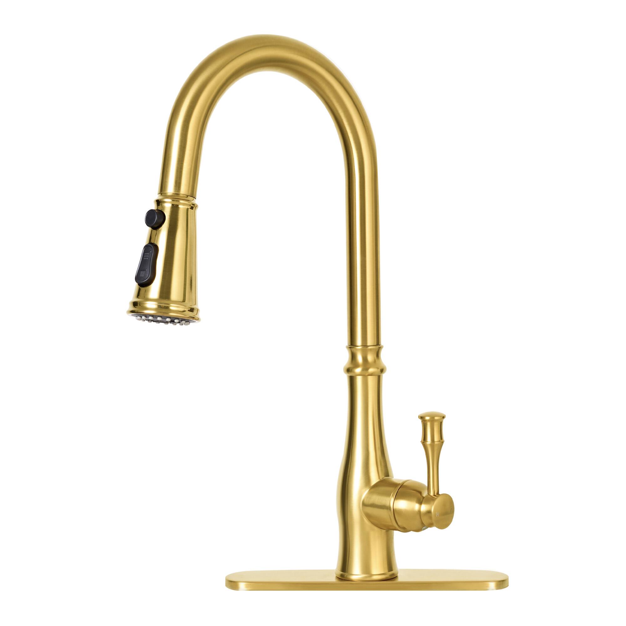 Front. Akicon - Akicon Single Handle 3-Function Spring Stainless Steel Kitchen Faucet with Pull Down Sprayer in Brushed Gold - Brushed Gold.