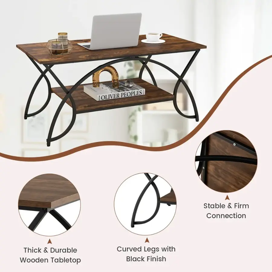 The text on the image is already grouped and correctly written. It reads: "OLIVER PEOPLE'S Stable & Firm Connection Thick & Durable Wooden Tabletop Curved Legs with Black Finish."