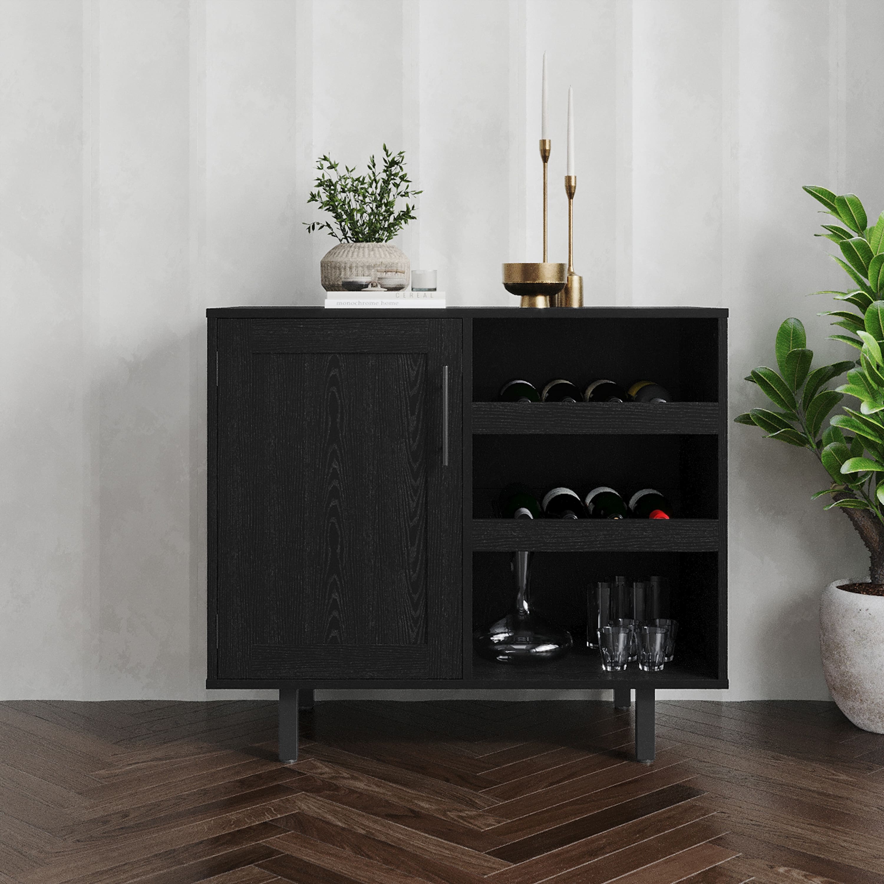 Emma + Oliver - Classic Sideboard and Bar Cabinet with Open and Closed Storage - Black