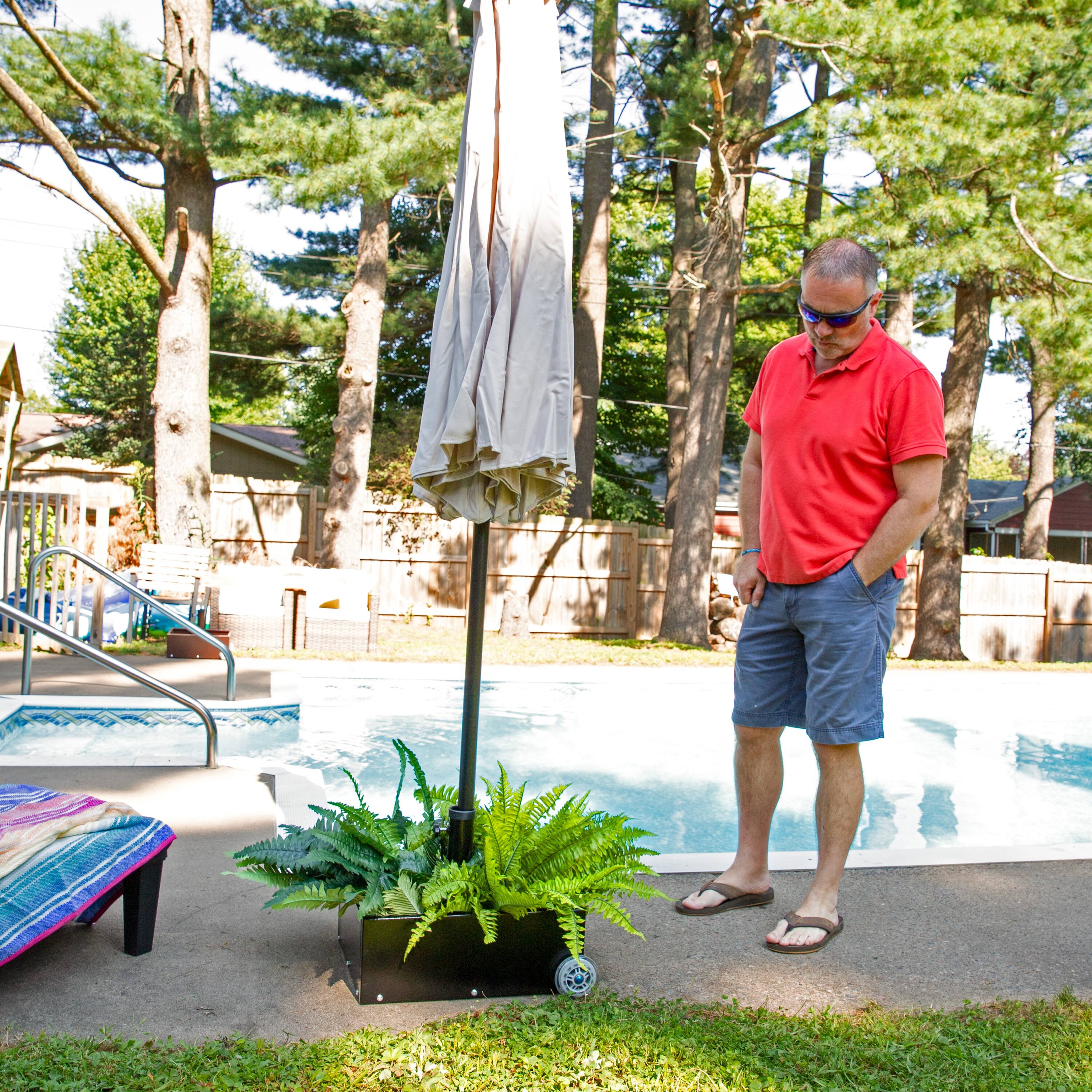 Alt View 4. Sunnydaze - Outdoor Umbrella Base with Fillable Planter and Wheels - Black.