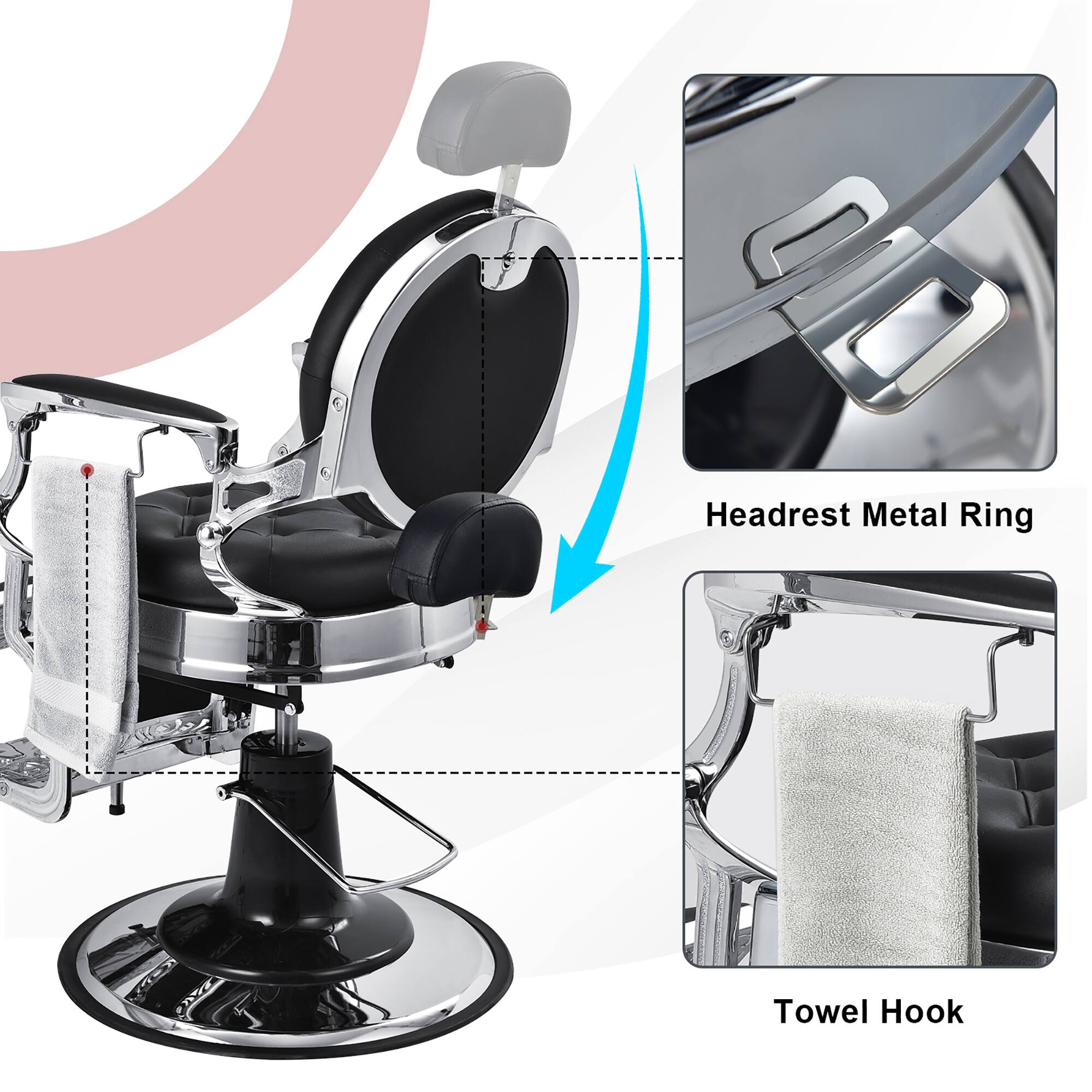 The image shows a hair salon chair with a headrest and a metal ring towel hook. The headrest is designed to provide comfort and support for the client during their haircut or styling session. The metal ring towel hook is a convenient feature that allows the stylist to hang towels or other items on the chair, keeping the workspace organized and clutter-free.