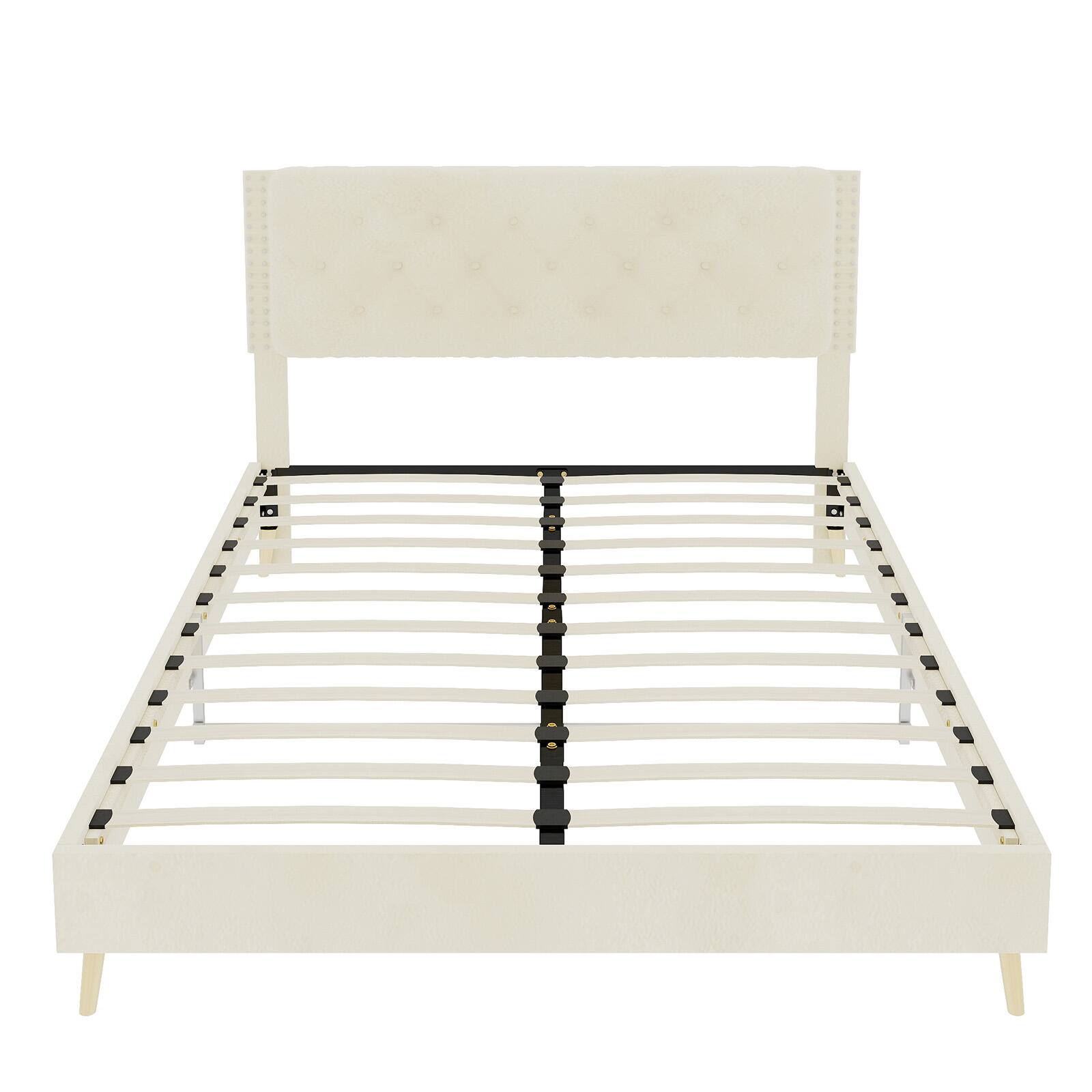 Alt View 1. Loheer - Loheer Luxury Beige Velvet Upholstered Queen Bed Frame Sturdy Platform Base - Beige.